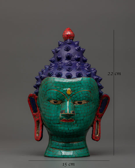 Brass Buddha Head Statue with Turquoise | Peaceful Spiritual Decor