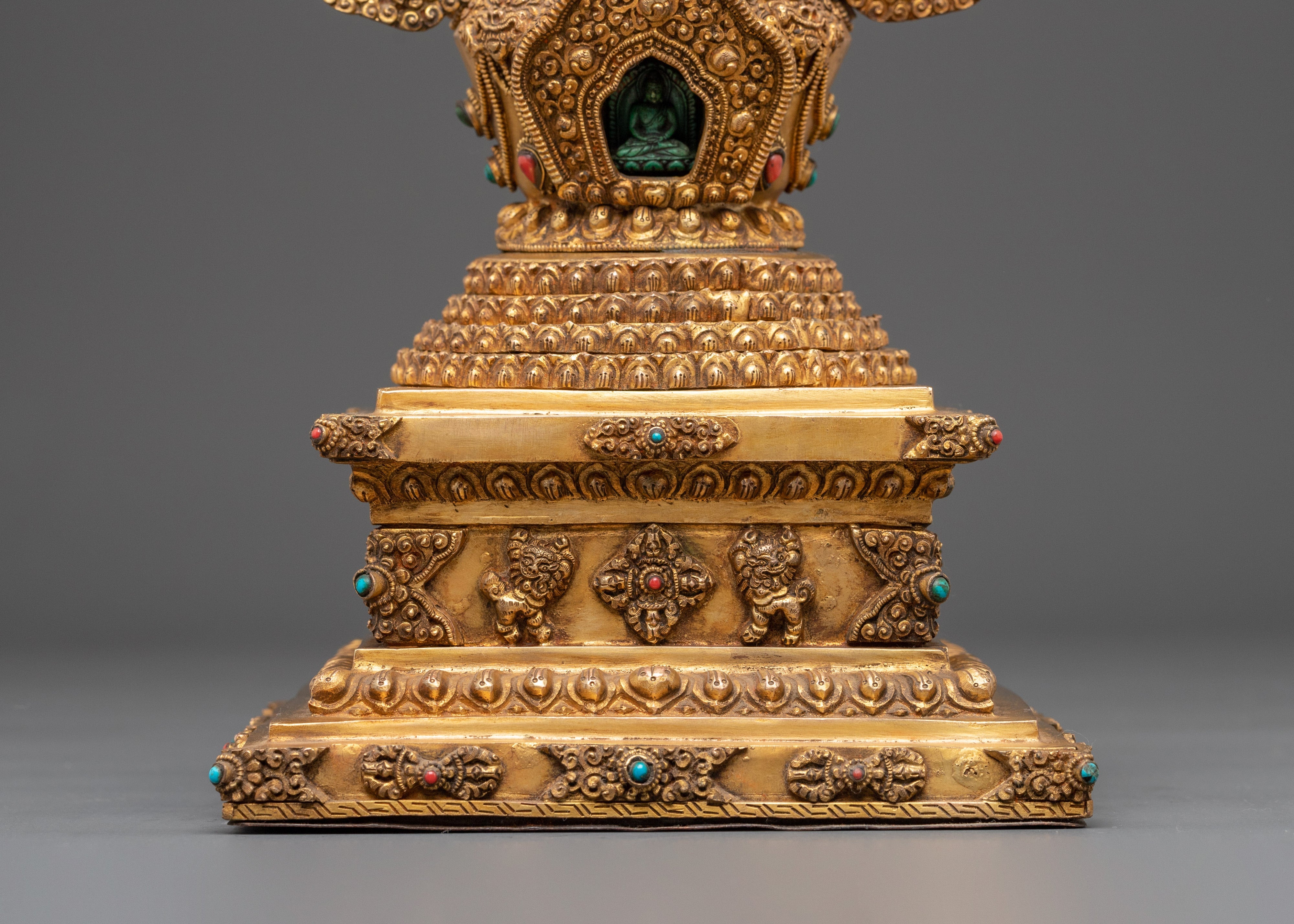 Handmade Gold Plated Buddhist Stupa with Buddha | Copper Stupa with Turquoise Inlay