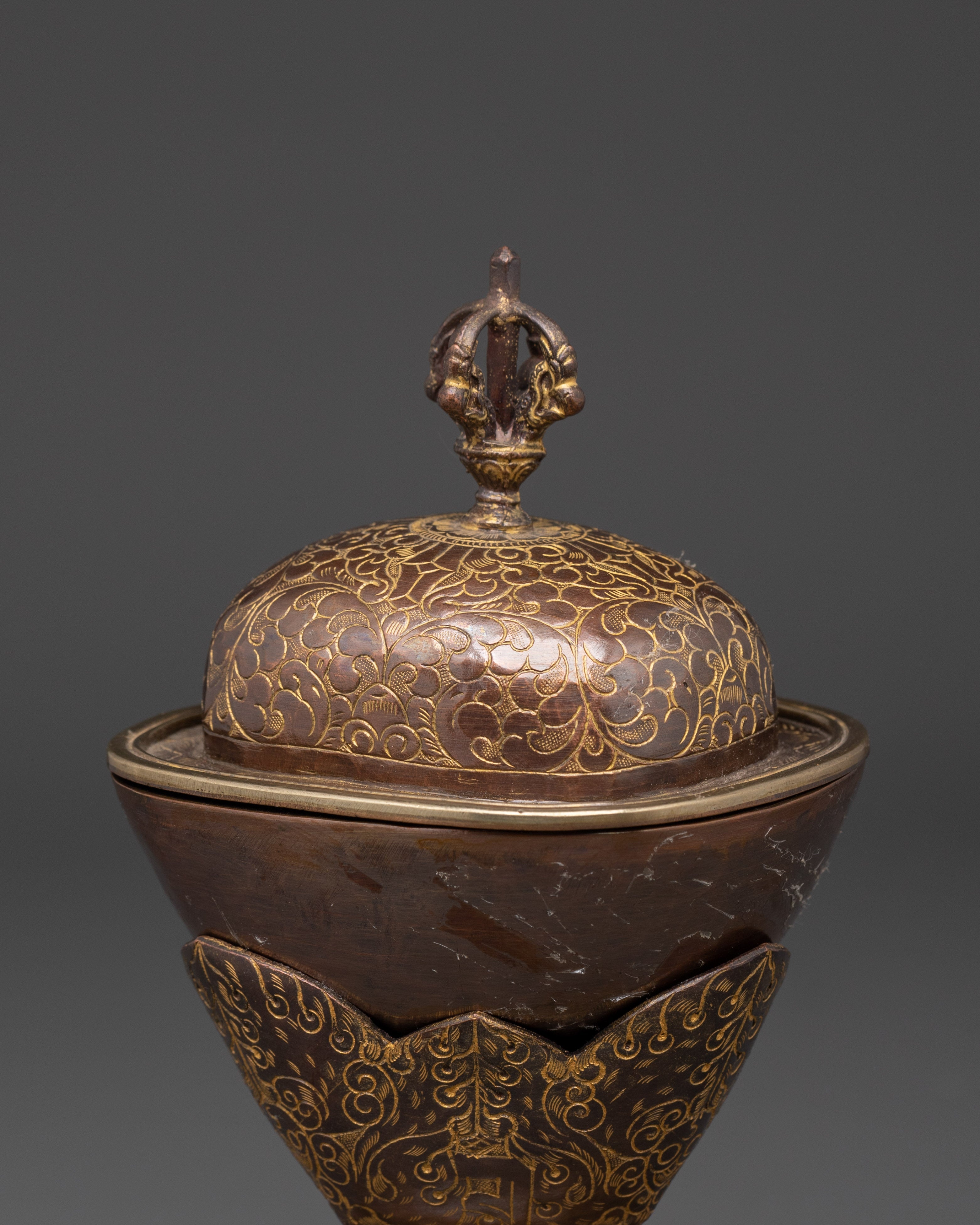 Tibetan Kapala Set for Buddhist Rituals | Oxidized Copper Skull Cup with Vajra Lid