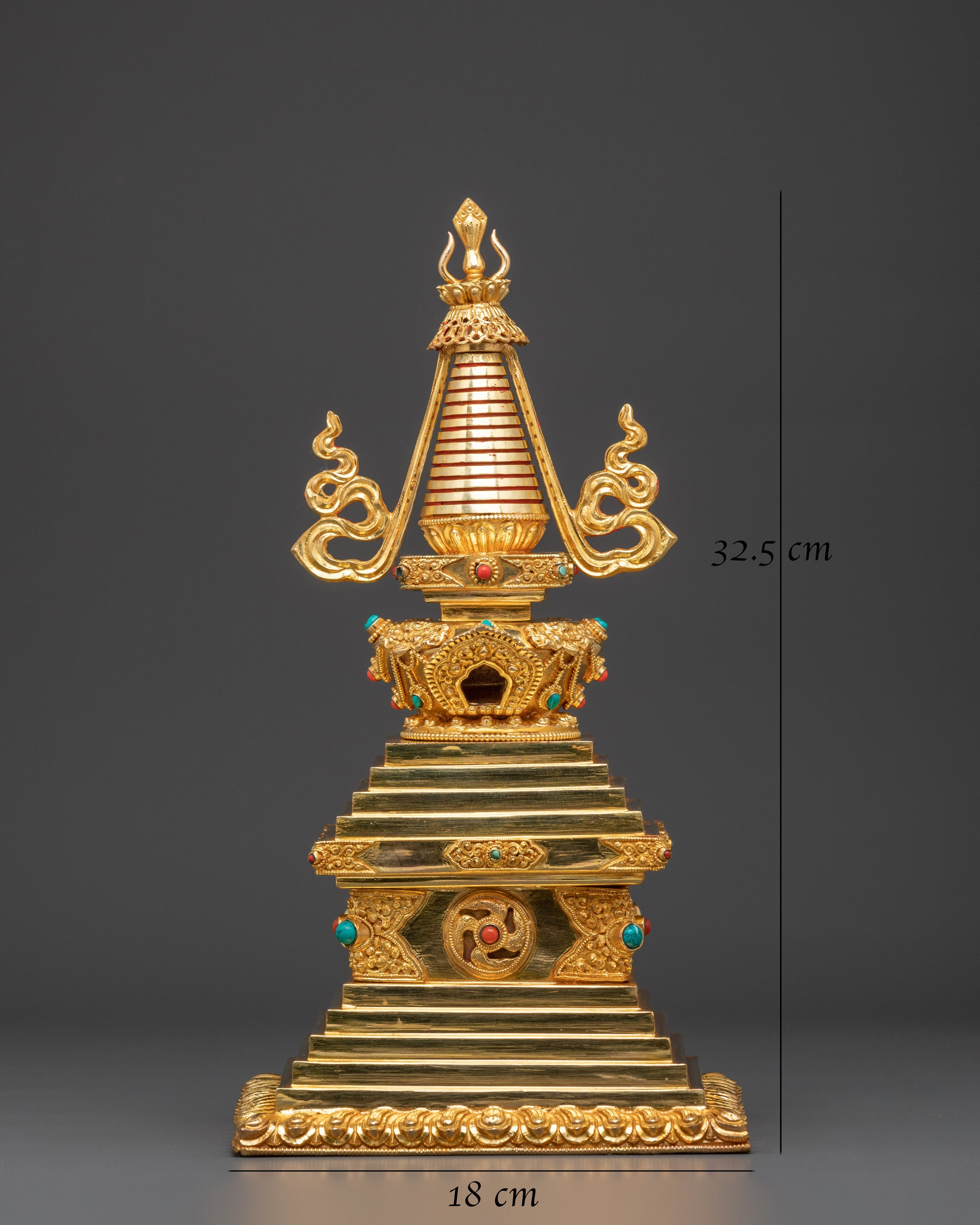 Gold Plated Buddhist Stupa for Rituals | Tibetan Copper Shrine