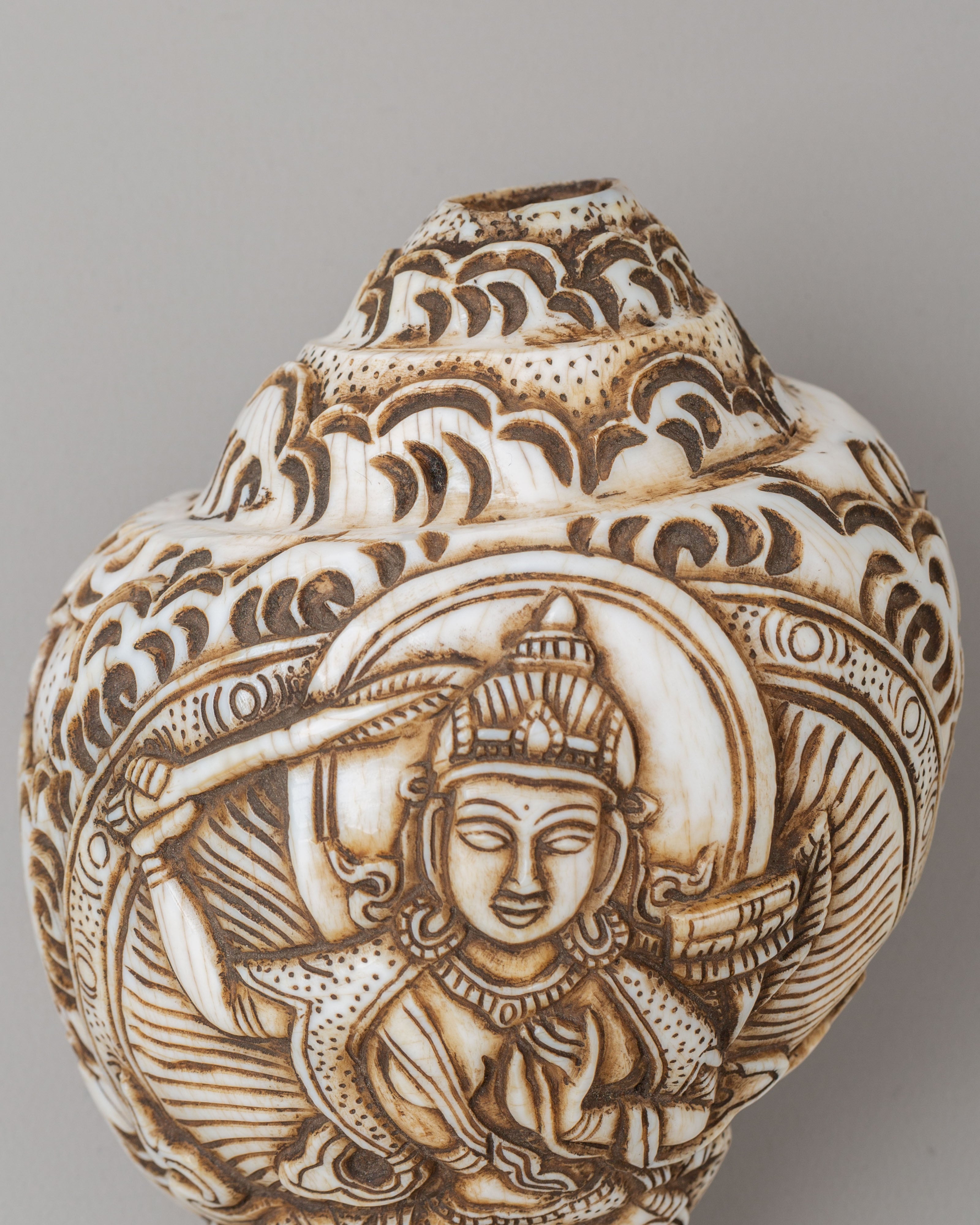 Tibetan Manjushri Carved Conch | Buddhist Decorative Shell