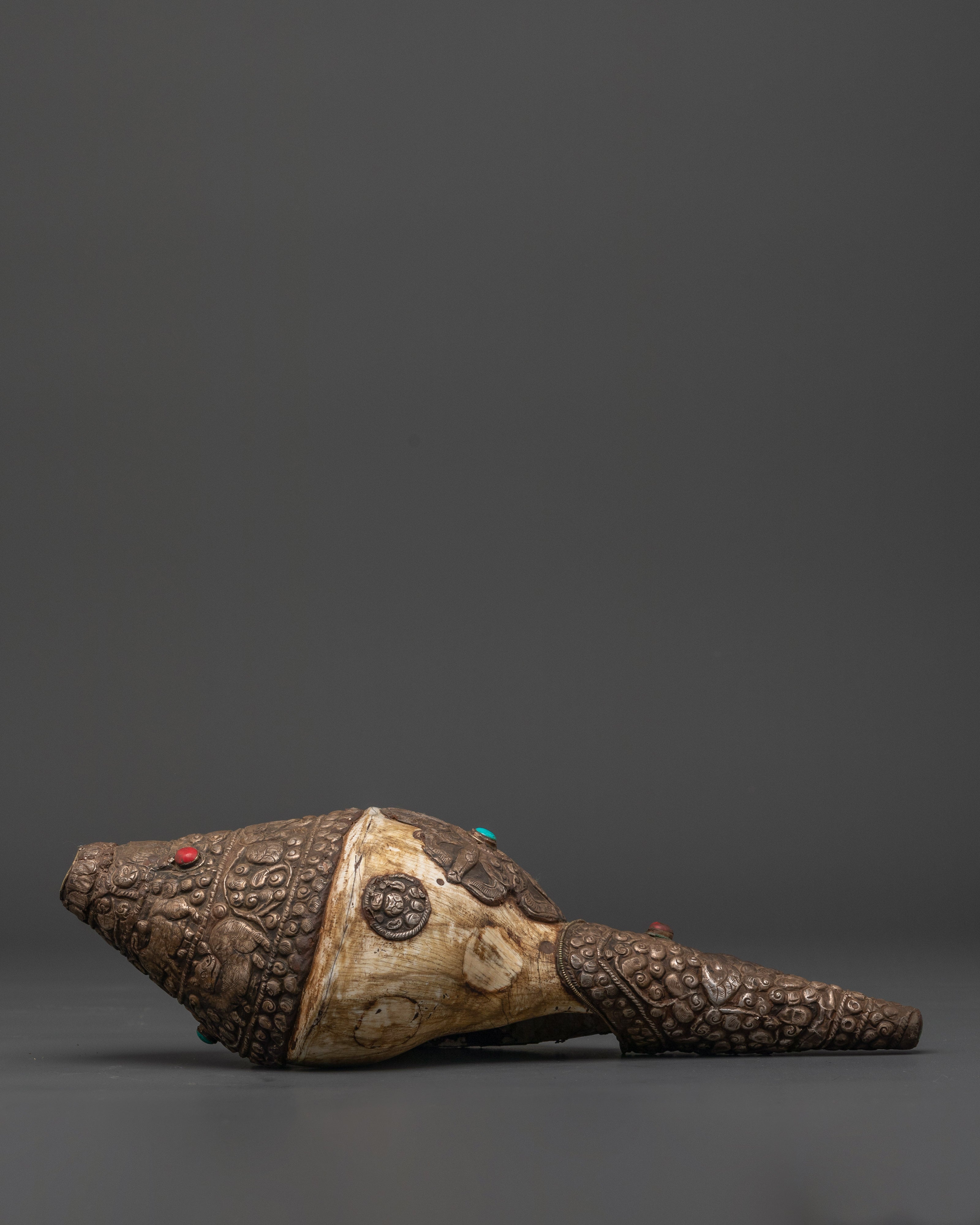 Buddhist Copper Conch Shell | Tibetan Ritual Trumpet with Coral and Turquoise