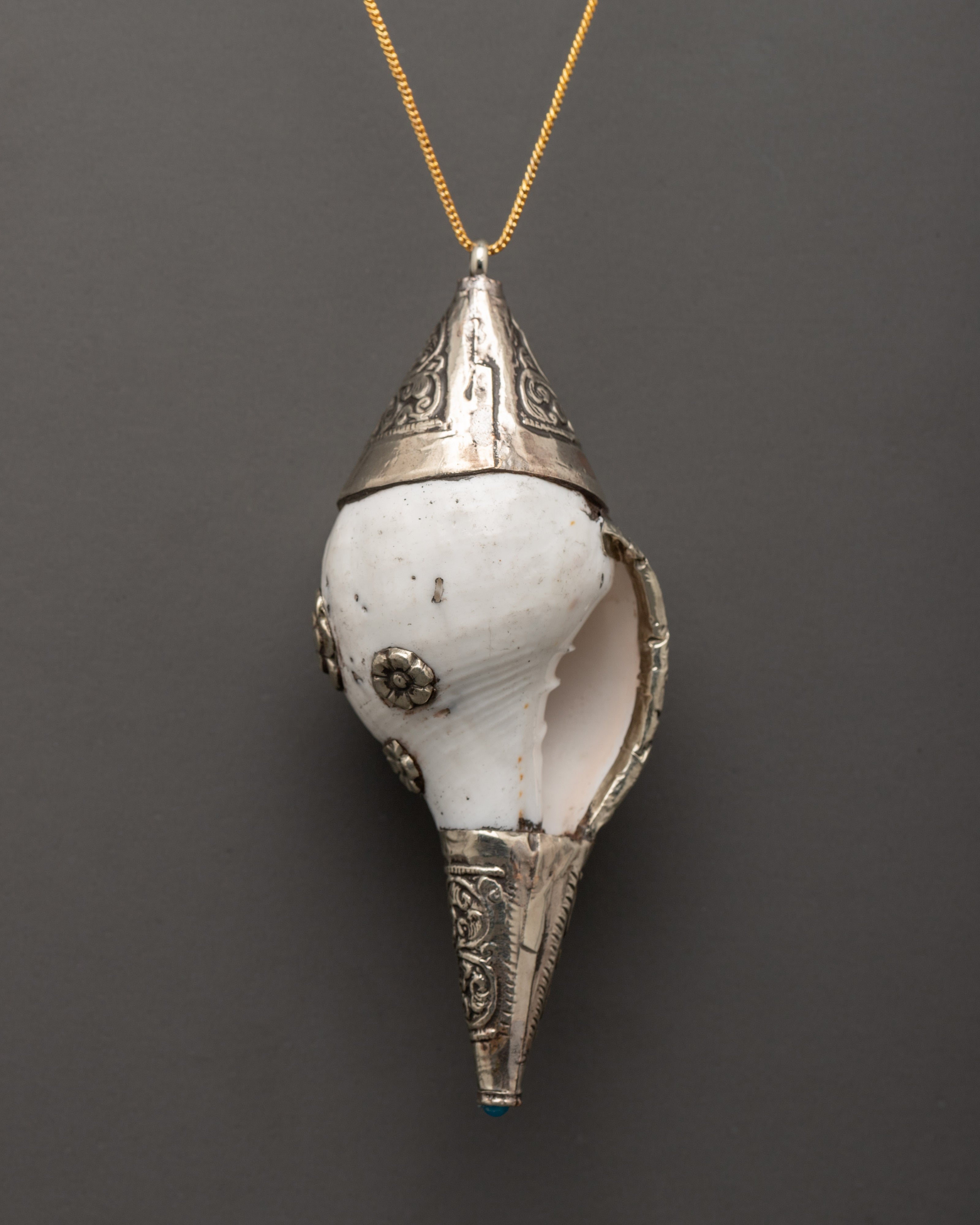 Spiritual Buddhist Conch Locket | Silver Plated Pendant with Coral Stone