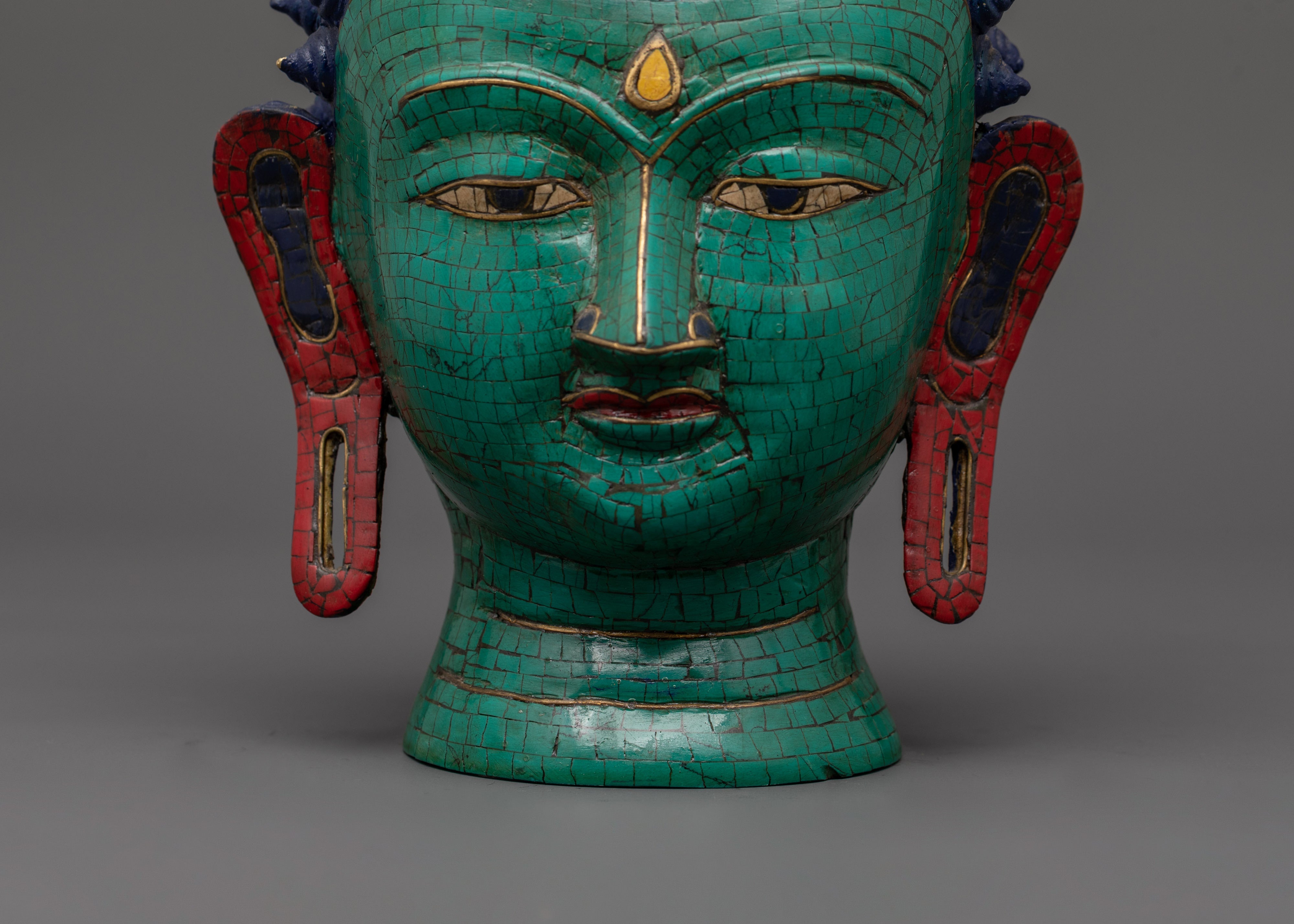 Large Brass Buddha Head Statue | Turquoise & Coral Inlay