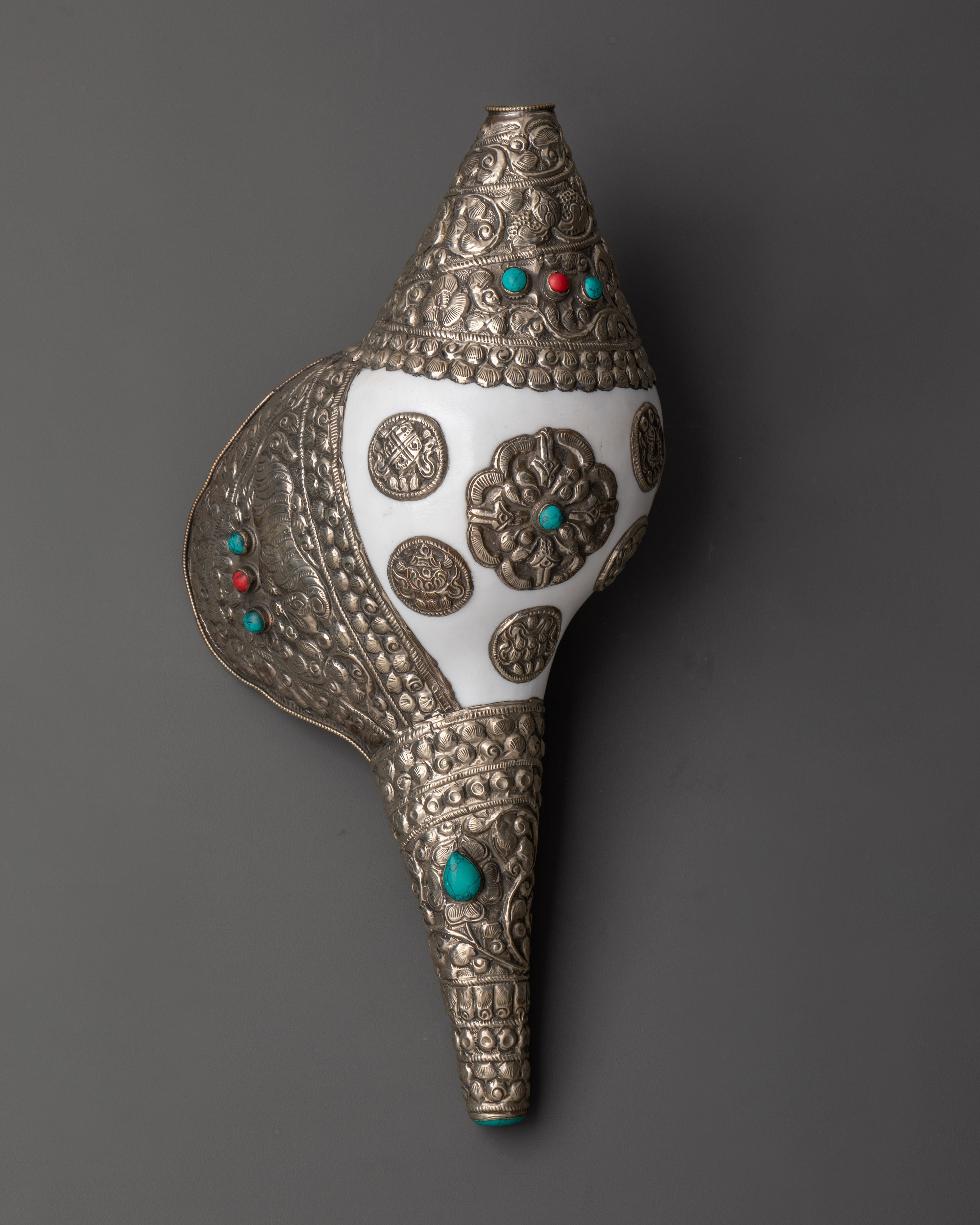 Handcrafted Puja Conch Shell | Tibetan Shankha with Brass and Turquoise Stone