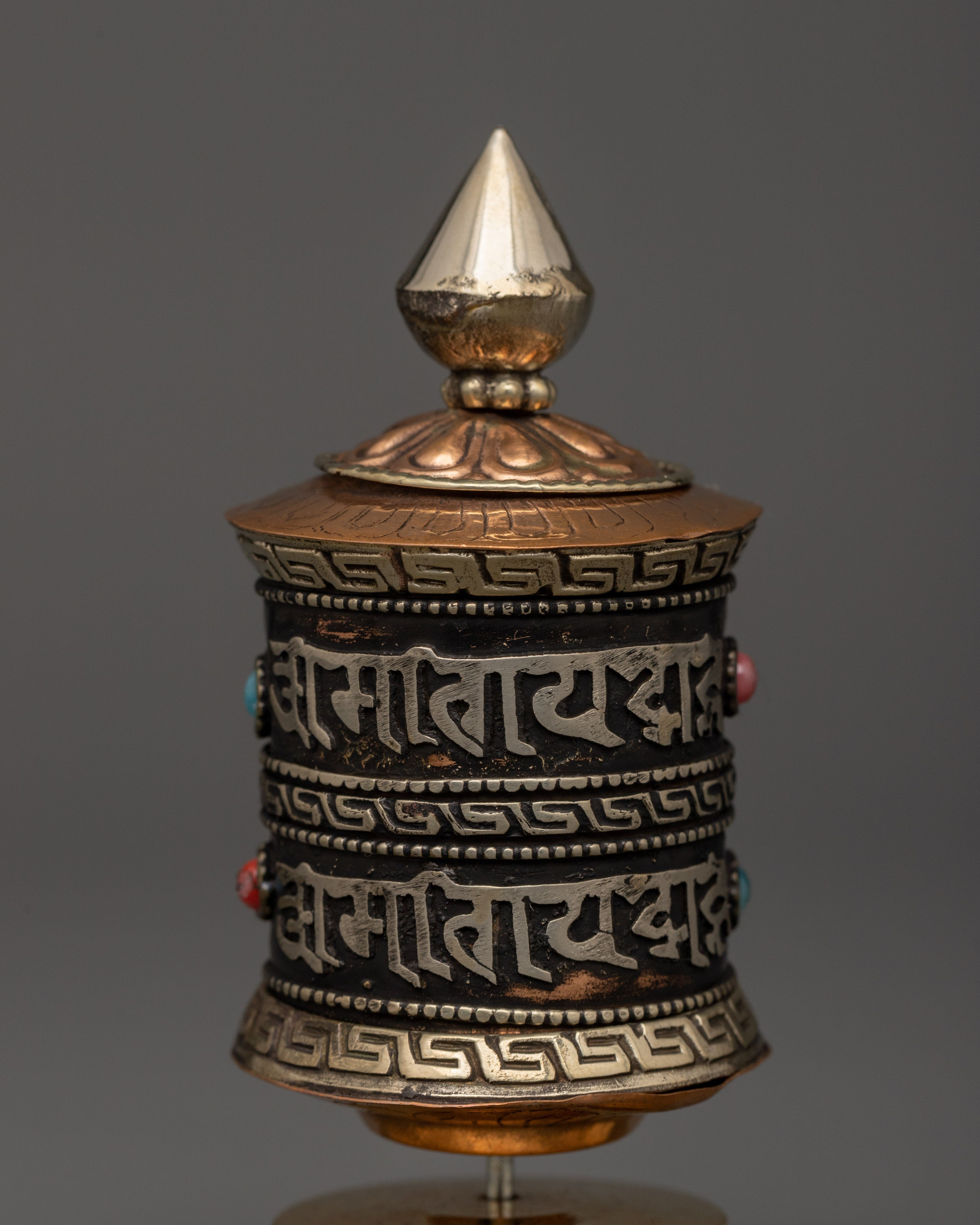 Tibetan Prayer Wheel with Coral | Buddhist Altar Decor for Meditation
