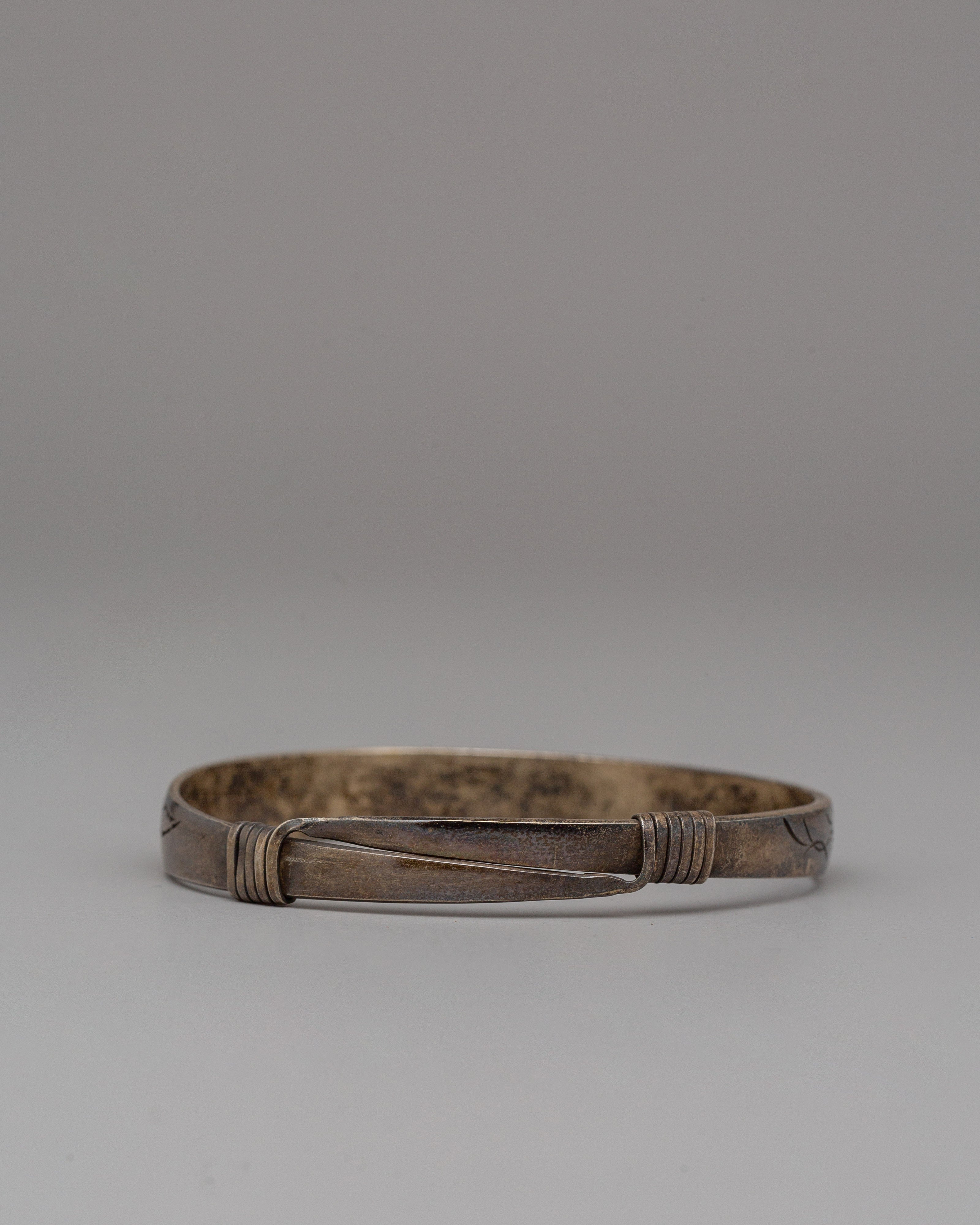 Handcrafted White Metal Bracelet | Tibetan Bangle for Spiritual Wear