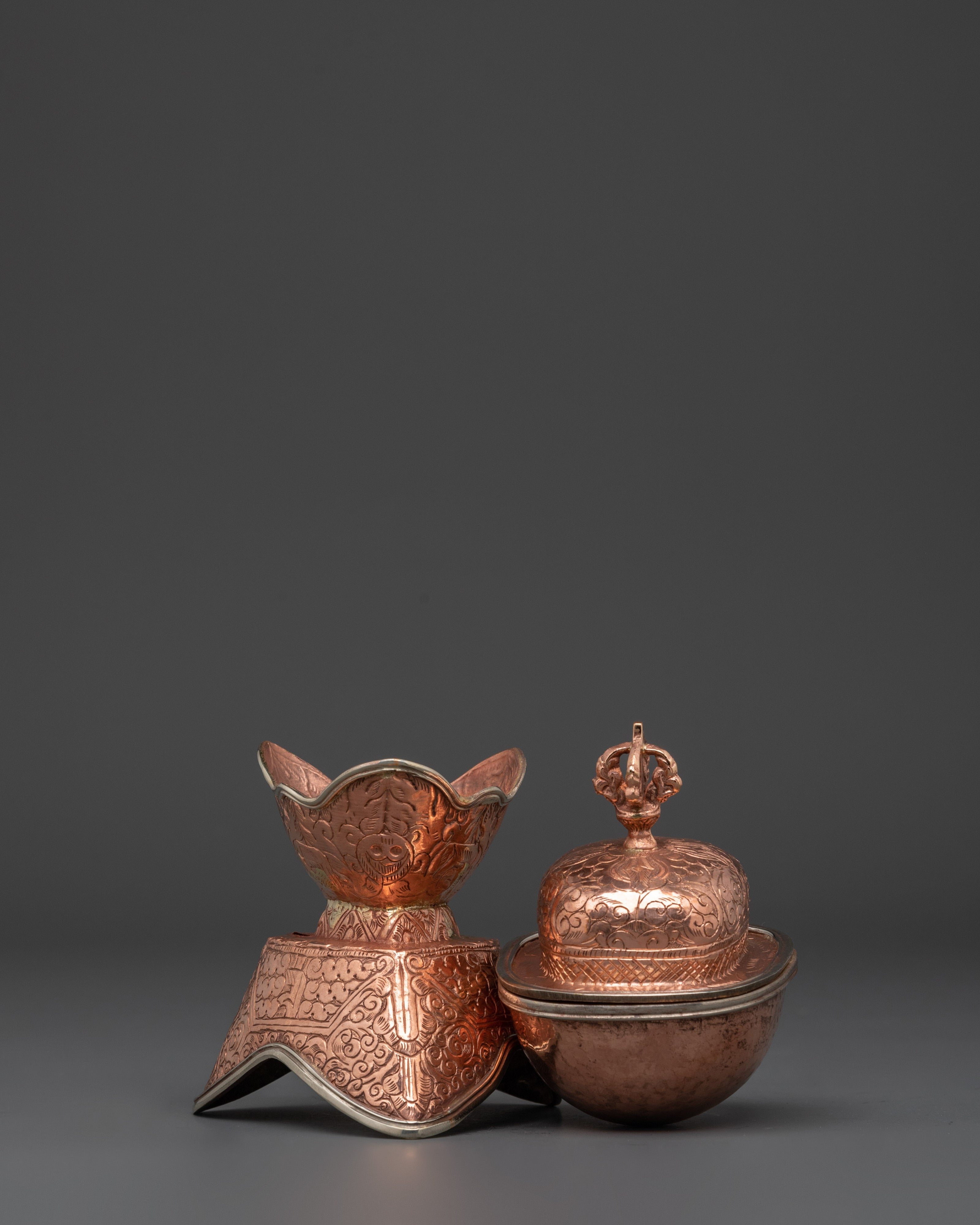 Tibetan Ritual Kapala Set Traditional Copper Skull Cup Offering Set for Spiritual Practices