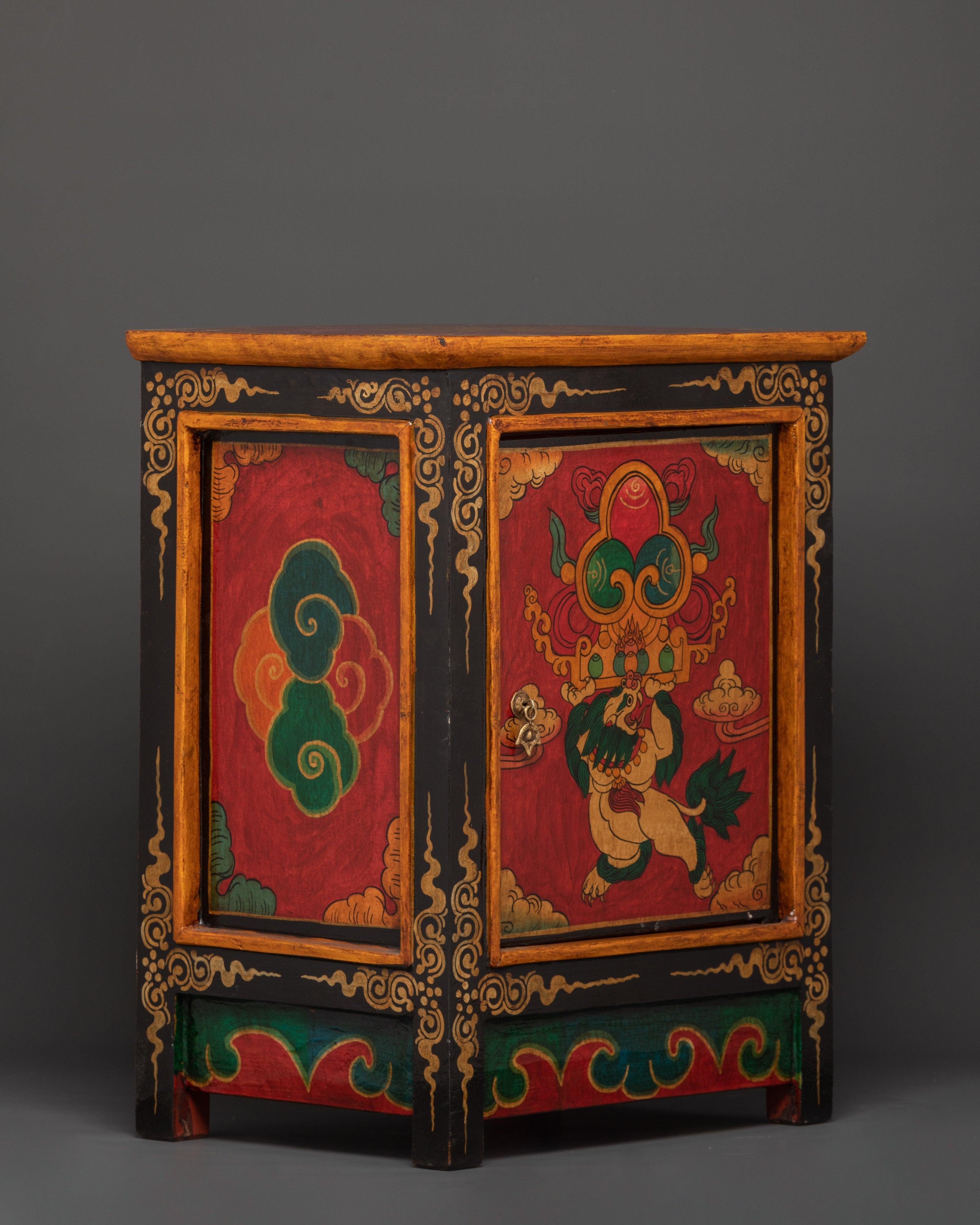 Handcarved Tibetan Wood Cabinet | Engraved Snow Lion Guardian