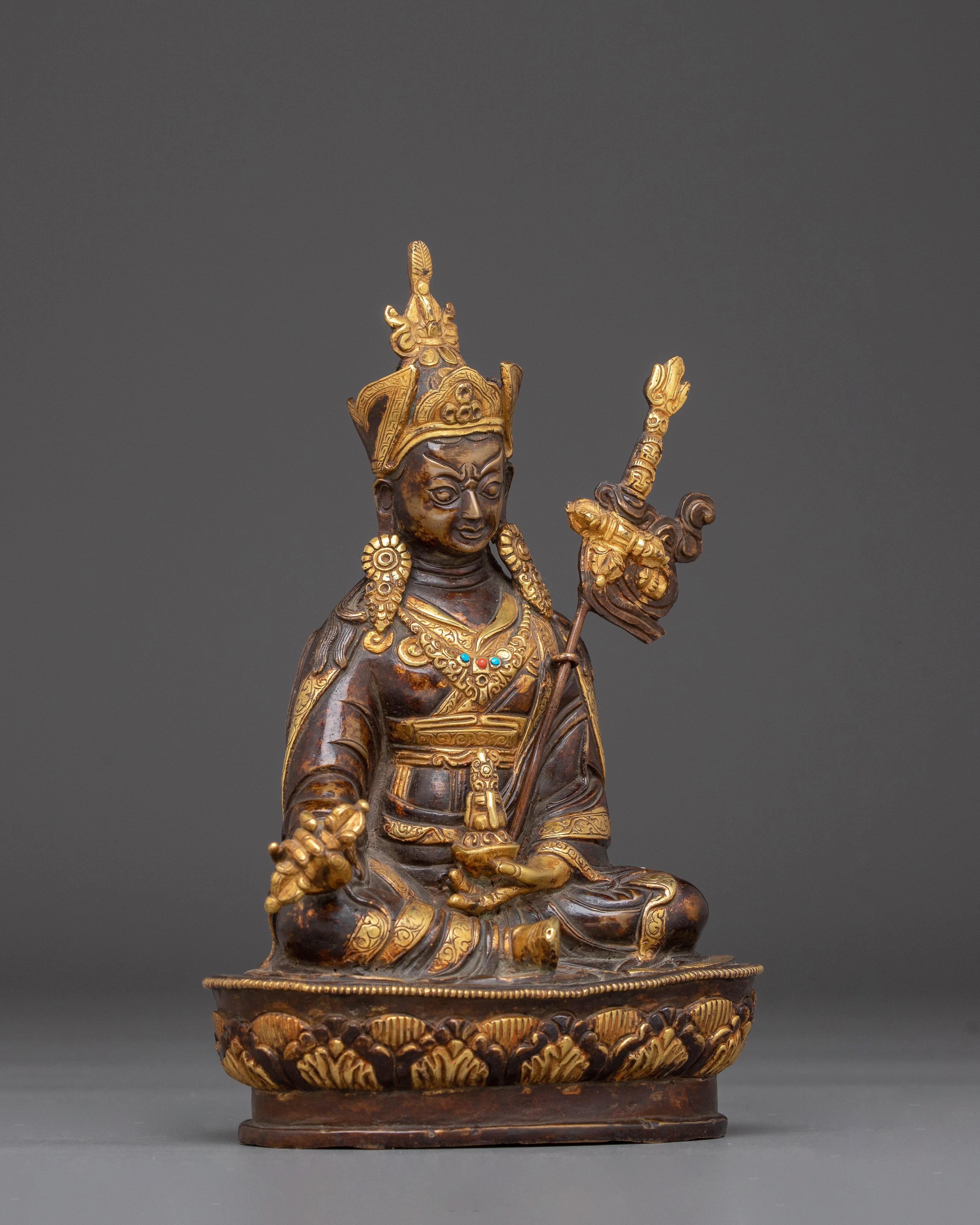Oxidized Copper Statue of Guru Rinpoche | Gold-Plated Tibetan Spiritual Figure