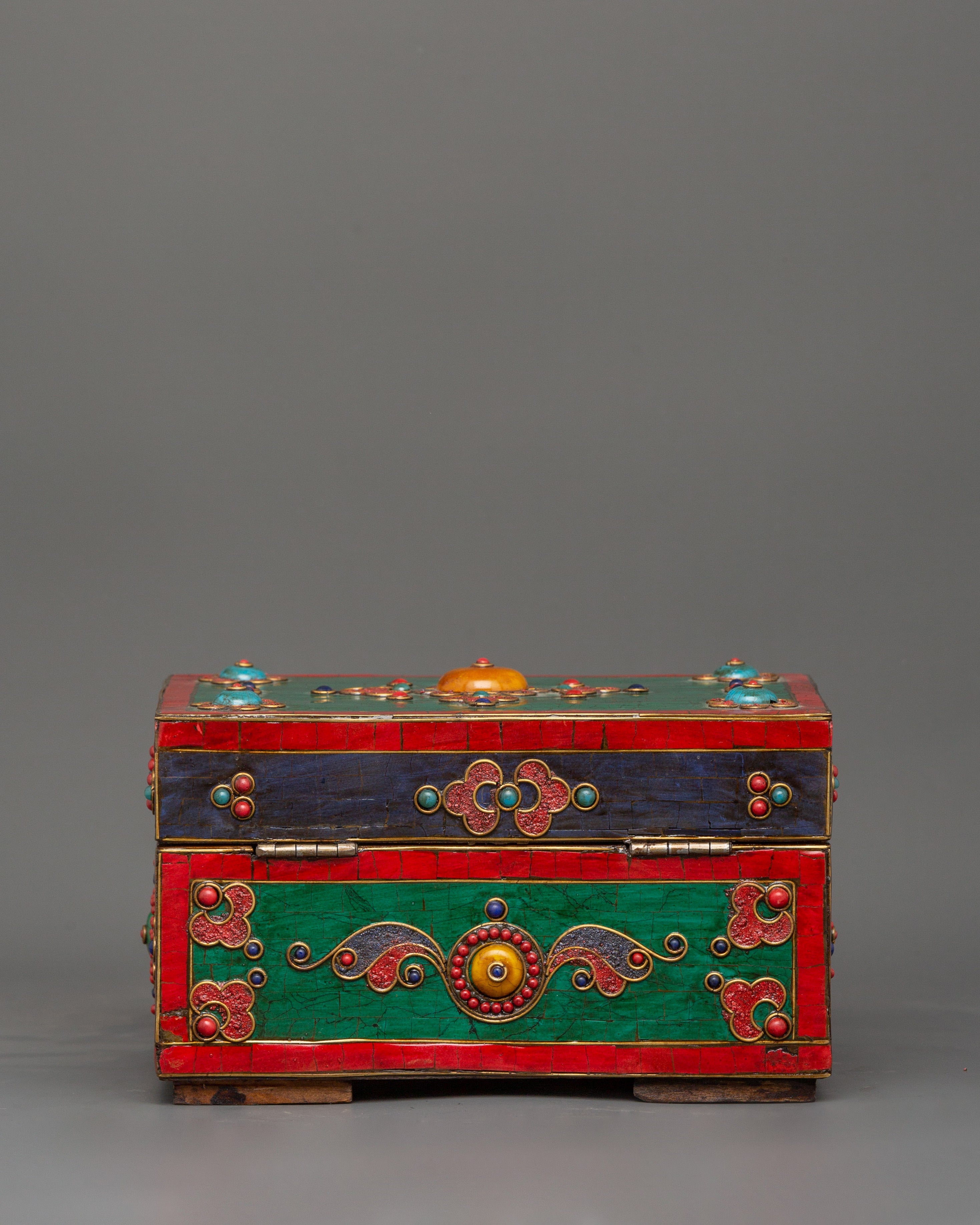 Hand-Painted Tibetan Wooden Box with Brass | Jewelry or Ritual Box