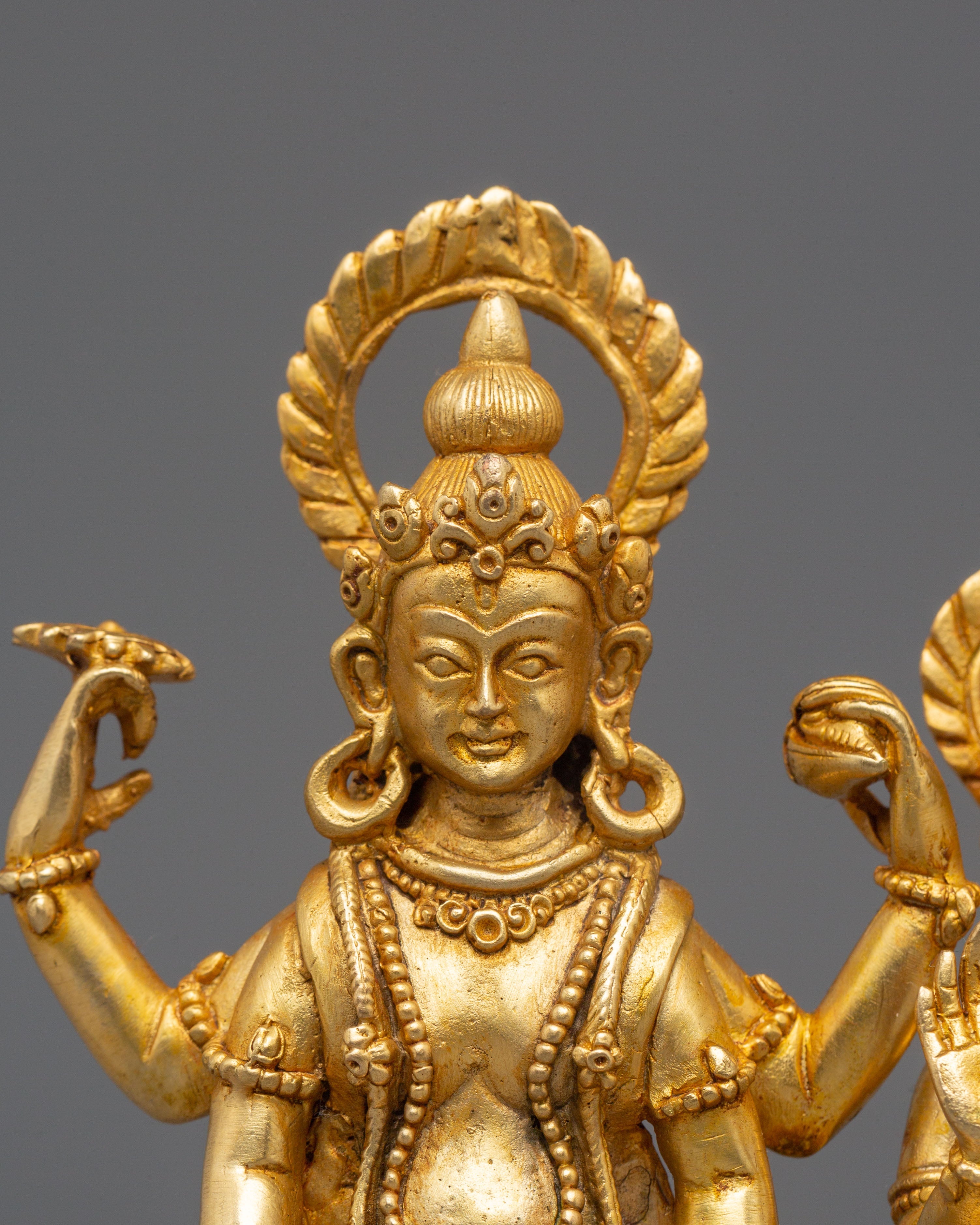 Bishnu and Laxmi Statue | Gold-Plated Copper Hindu Deity Art