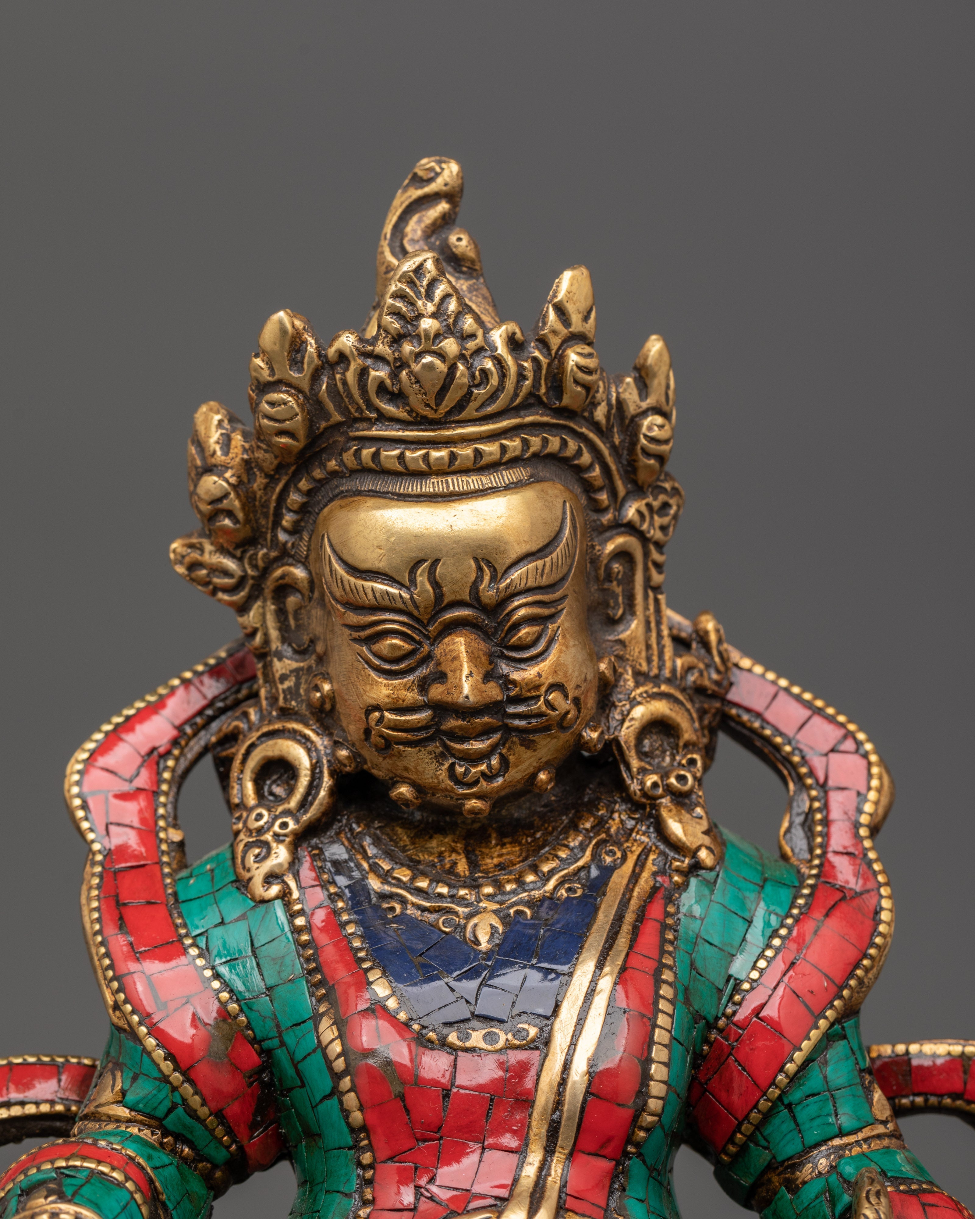 Brass Dzambhala Statue with Coral | Buddhist Altar Decor