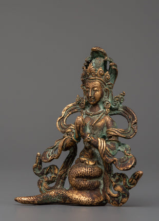 Naga Kanya Buddhist Sculpture of Serpent Goddess | Copper with Antique Finishing