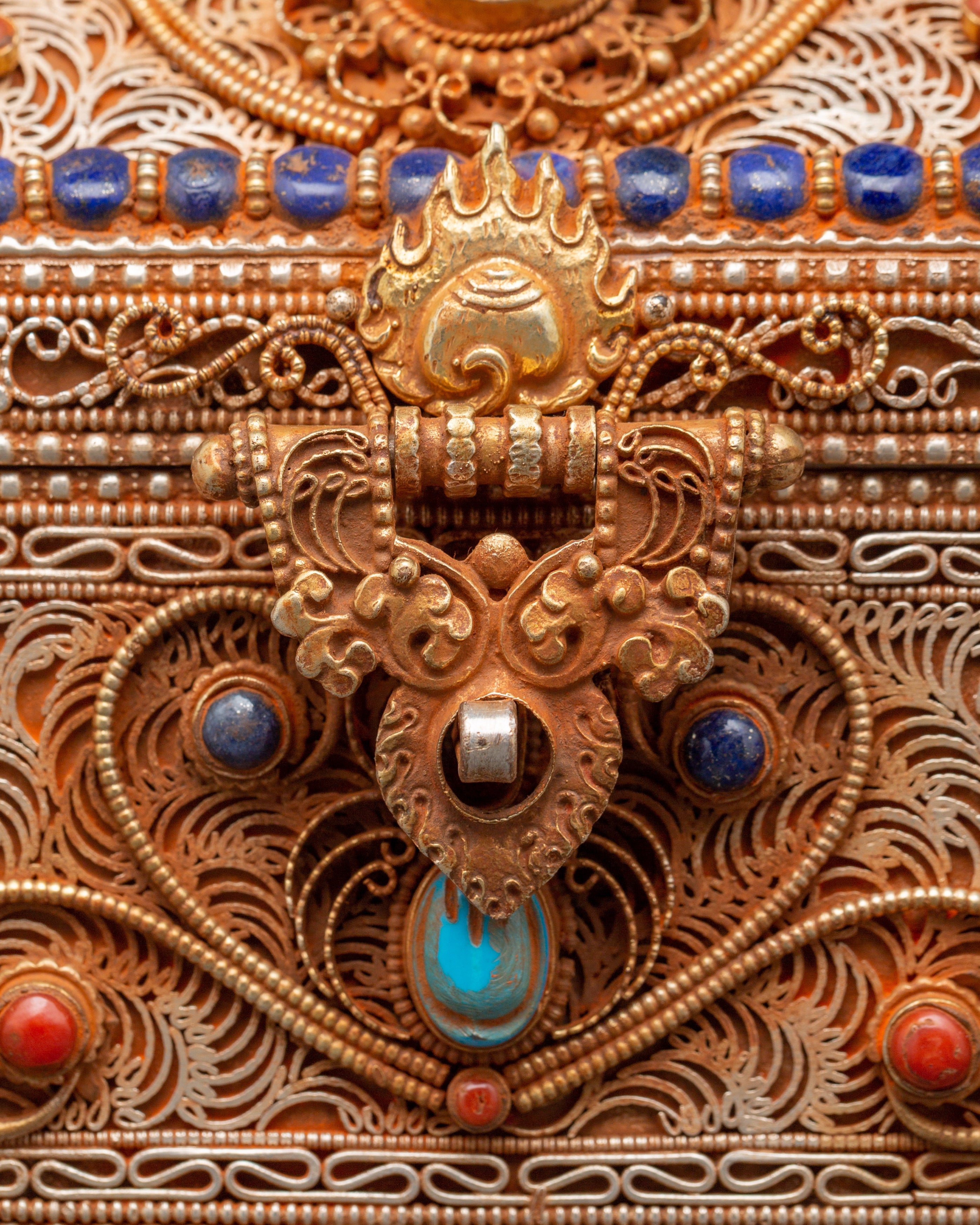 Tibetan Decorative Treasure Box | Buddhist Treasure Box with Turquoise & Coral Inlays