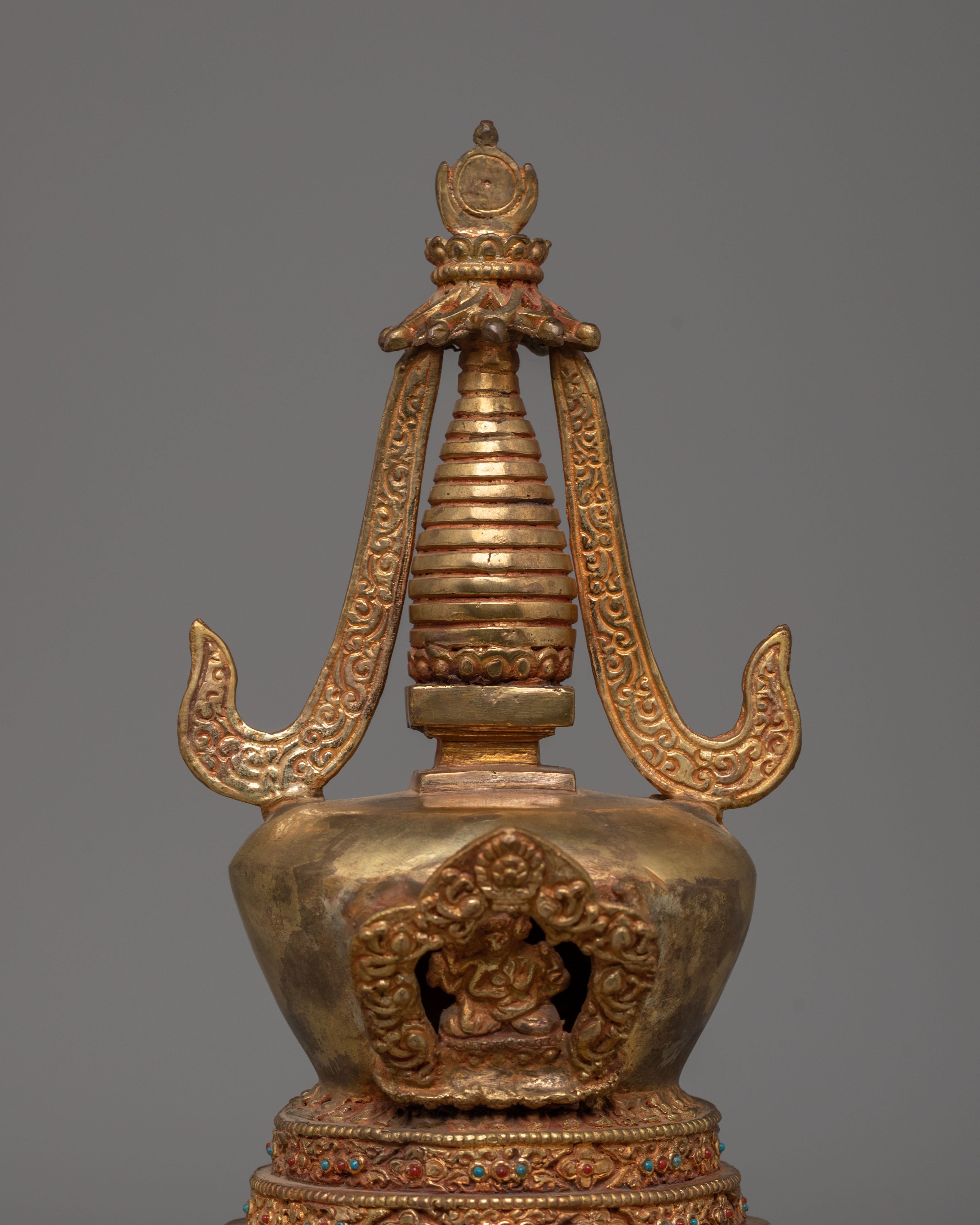 Handcrafted Buddhist Shrine Stupa | Gold Plated Tibetan Ritual Stupa Art
