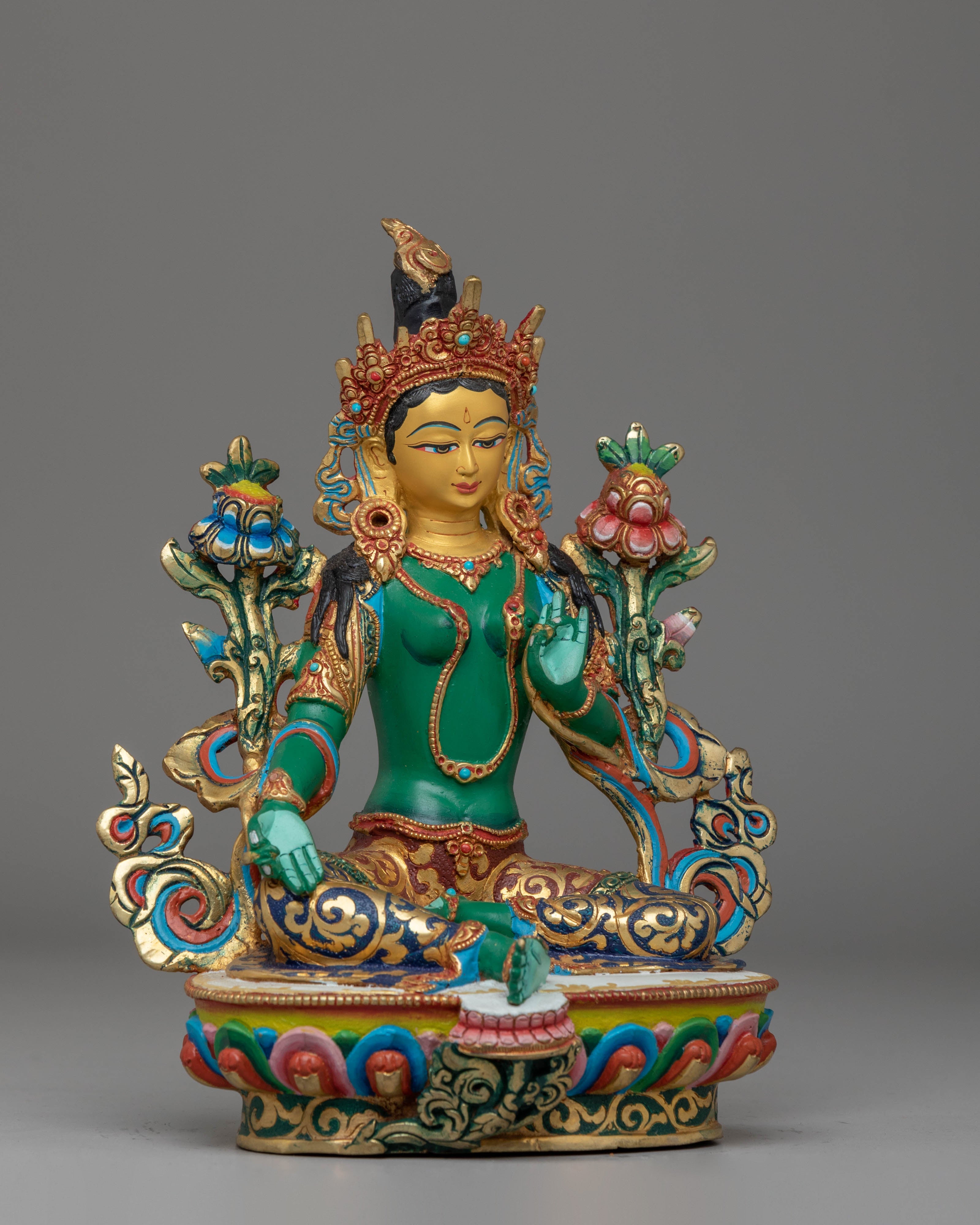 Shyama Tara Statue for Protection | Copper, Gold-Plated with Coral & Turquoise