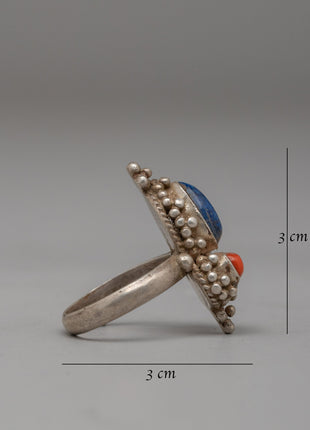 Handcrafted Silver Ring with Lapis Lazuli and Coral | Spiritual Jewelry with Iconic Symbolism
