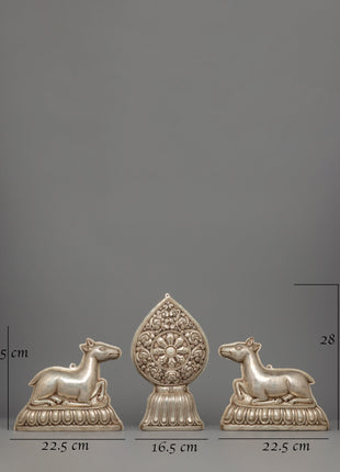 Silver-plated Dharma Wheel with Deer Set | Spiritual Decor