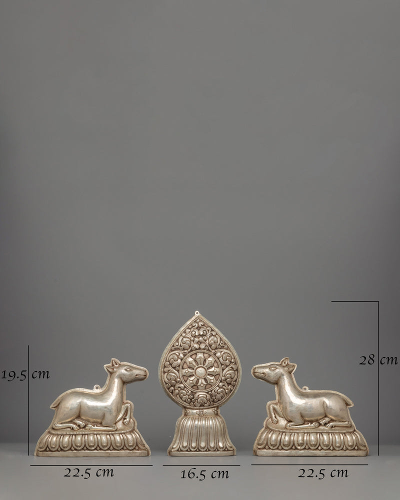 Silver-plated Dharma Wheel with Deer Set | Spiritual Decor