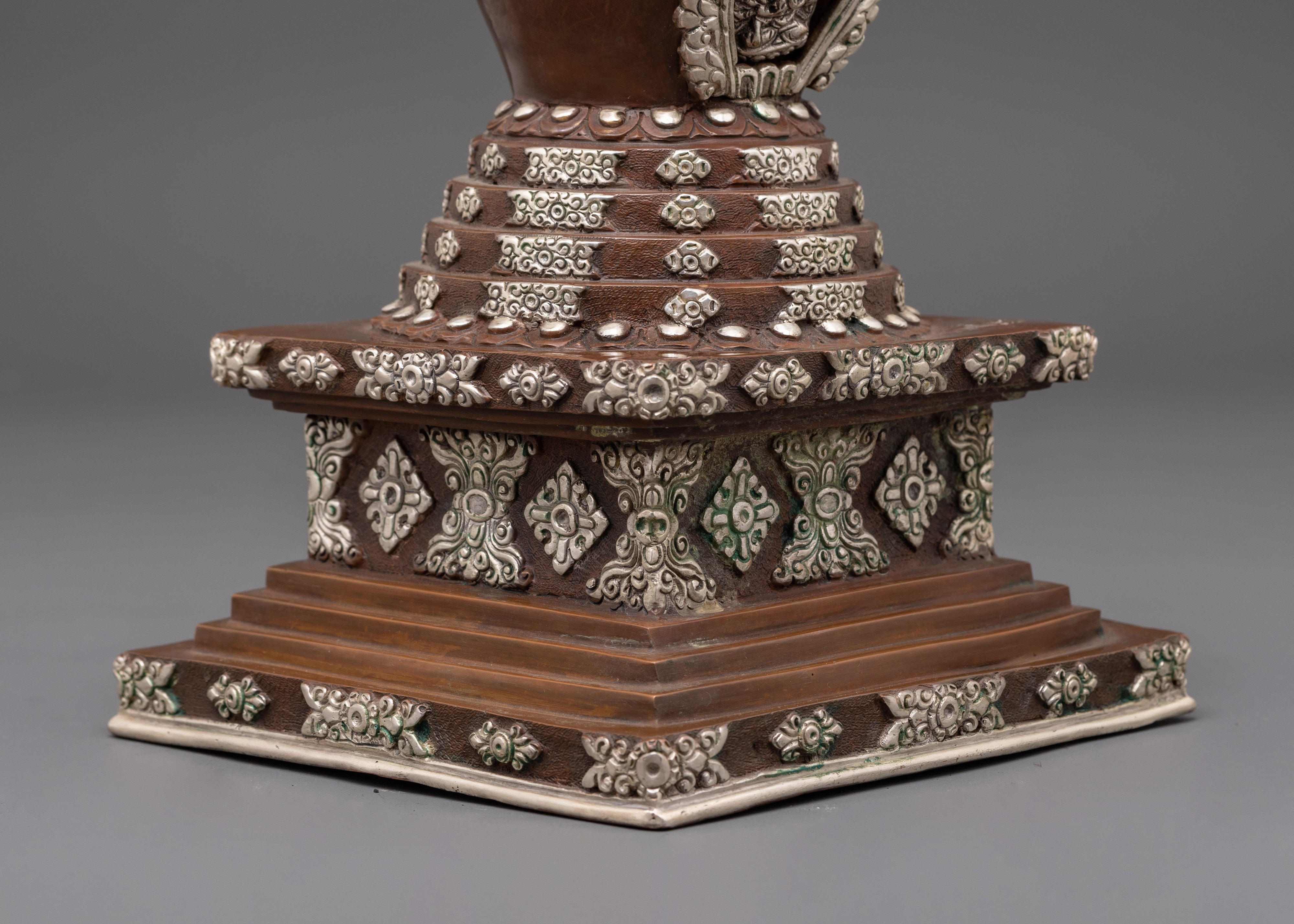 Handcrafted Stupa with Protective Deity | Silver Plated Tibetan Stupa