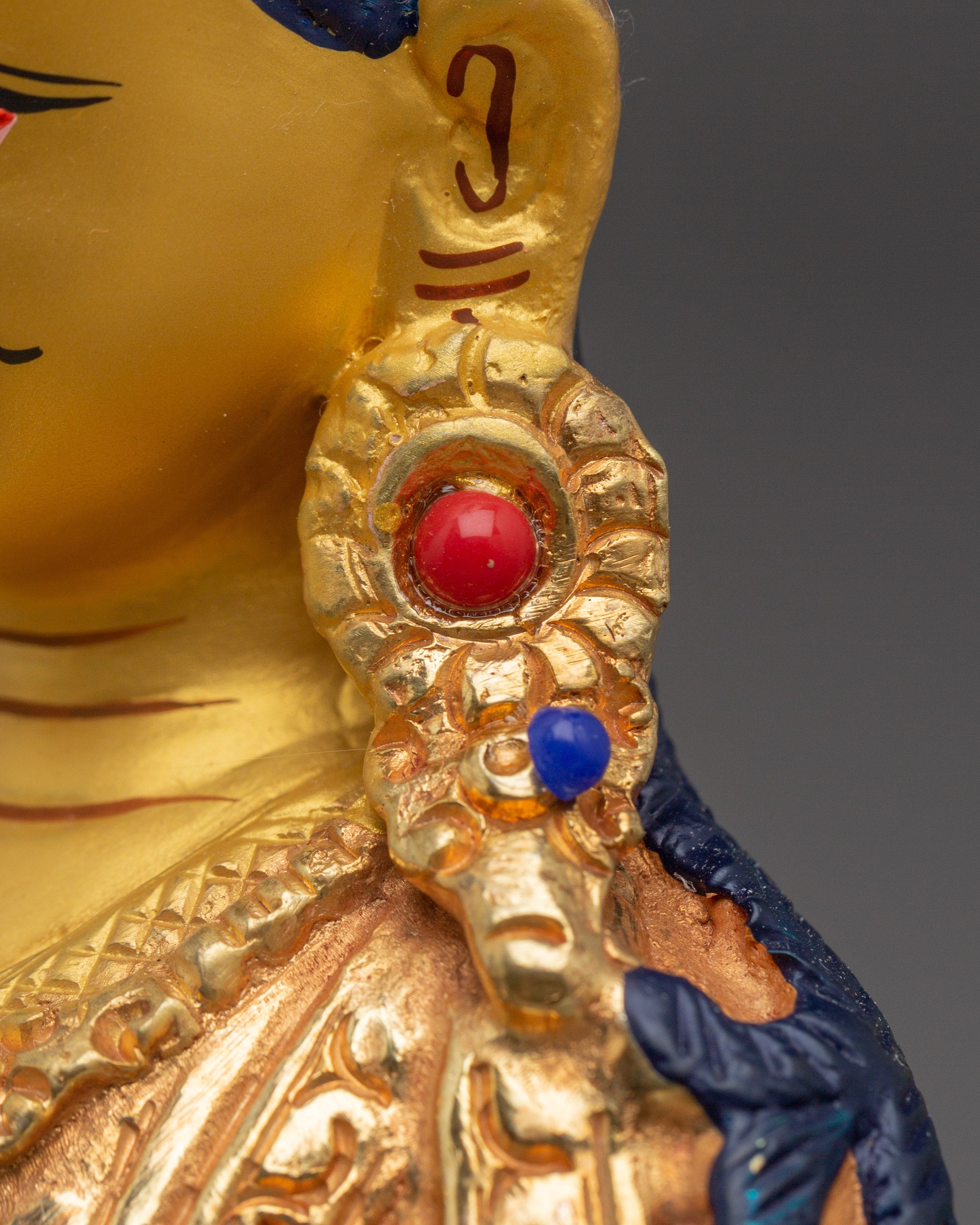 Sacred Padmasambhava Statue | Gold Plated Copper Buddha Sculpture with Coral & Turquoise