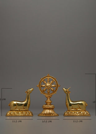 Gold-Plated Dharma Wheel with Deer Set | Spiritual Meditation Gift
