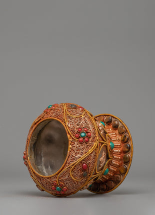 Crystal Dhupur Rice Pot | Handcrafted Copper Pot with Filigree and Gold Plating
