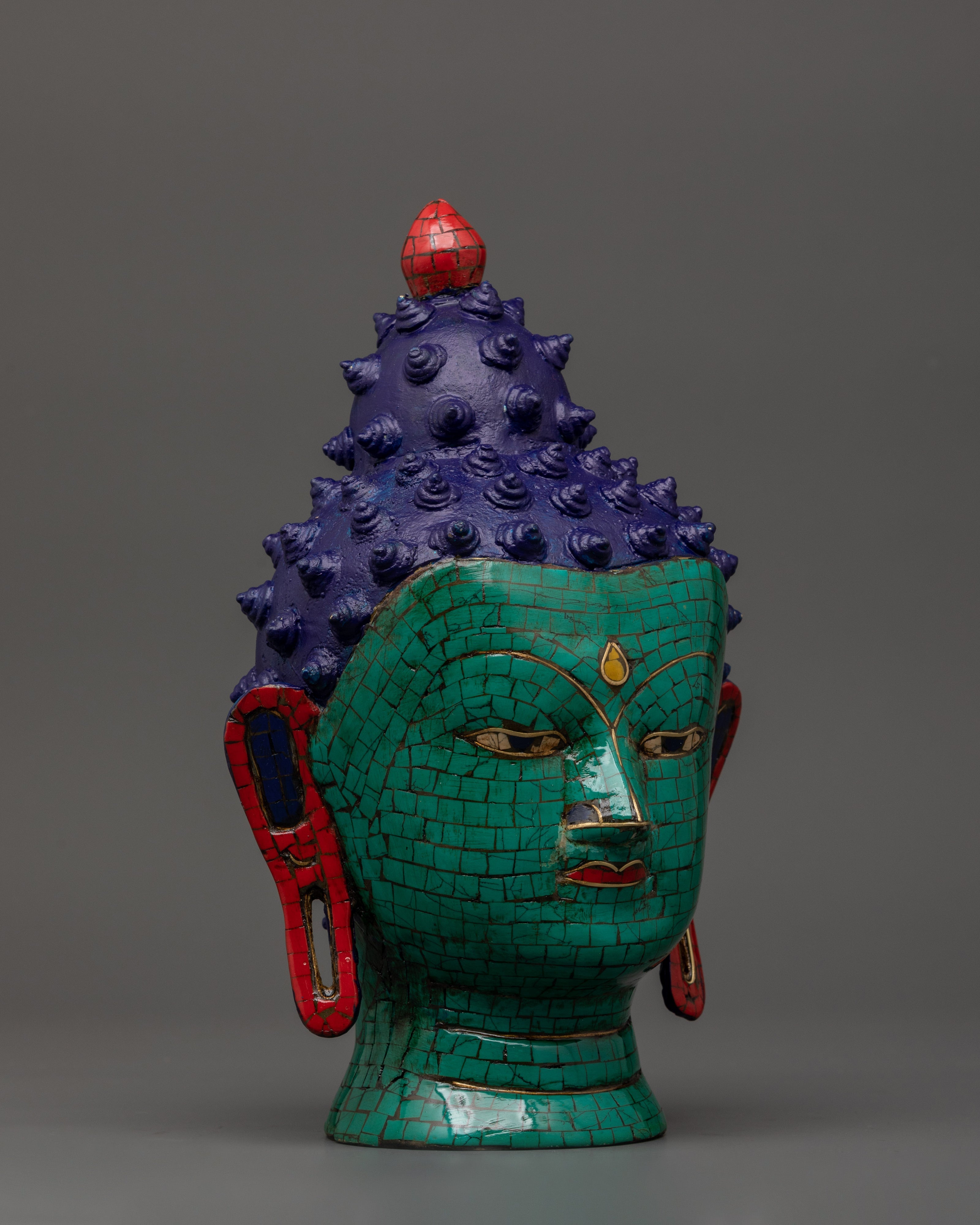 Brass Buddha Head Statue with Turquoise | Peaceful Spiritual Decor