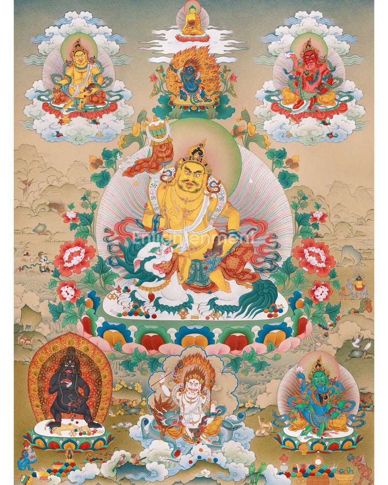 Tibetan Five Dzambhalas Thangka | Wealth Deities for Abundance & Success