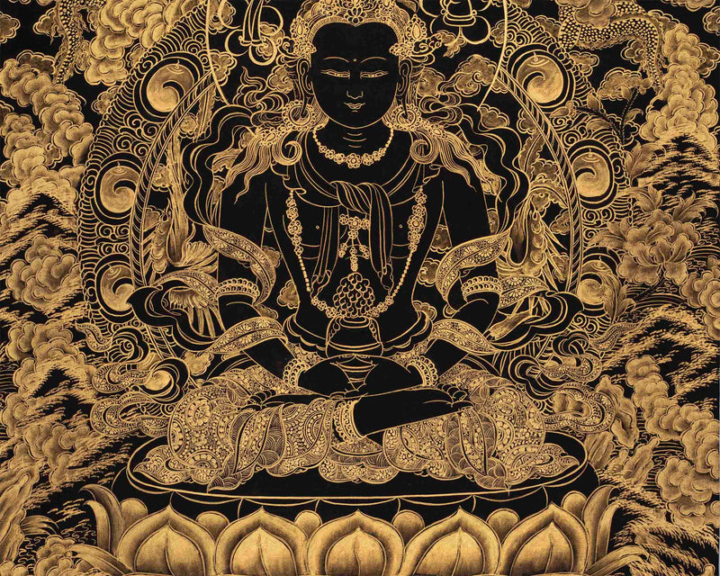 Hand-Painted Black and Gold Amitayus Buddha Thanka | Aparamita Thangka Painting