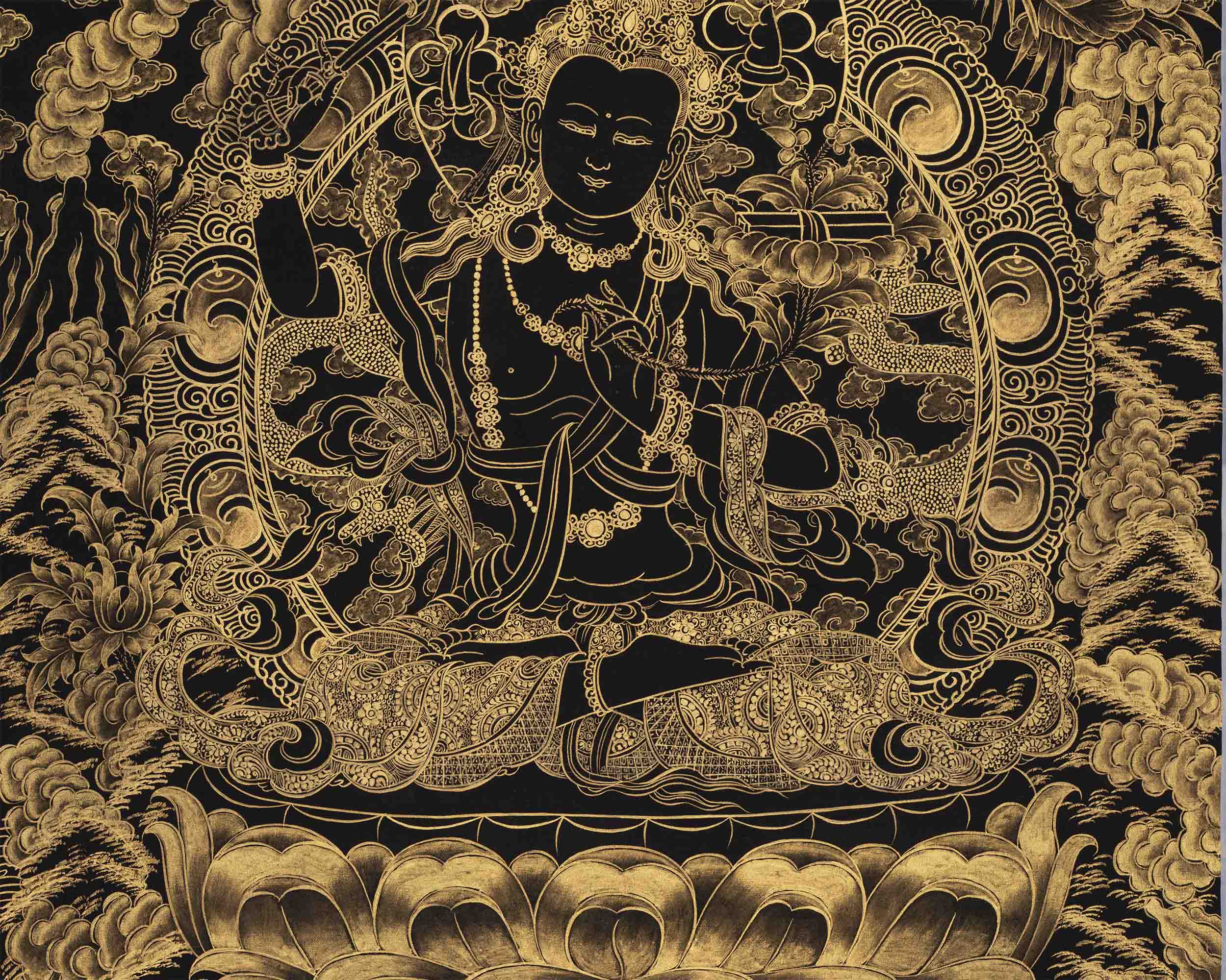 Hand-Painted Black and Gold Manjushri Thangka | Bodhisattva Of Wisdom