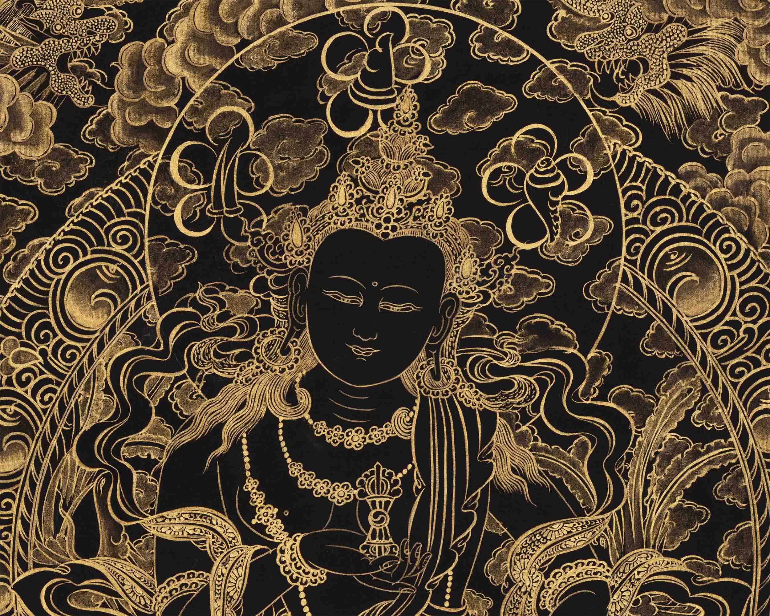 Vajrasattva With Black and Gold Details | Tibetan Dorje Sempa Thangka Painting