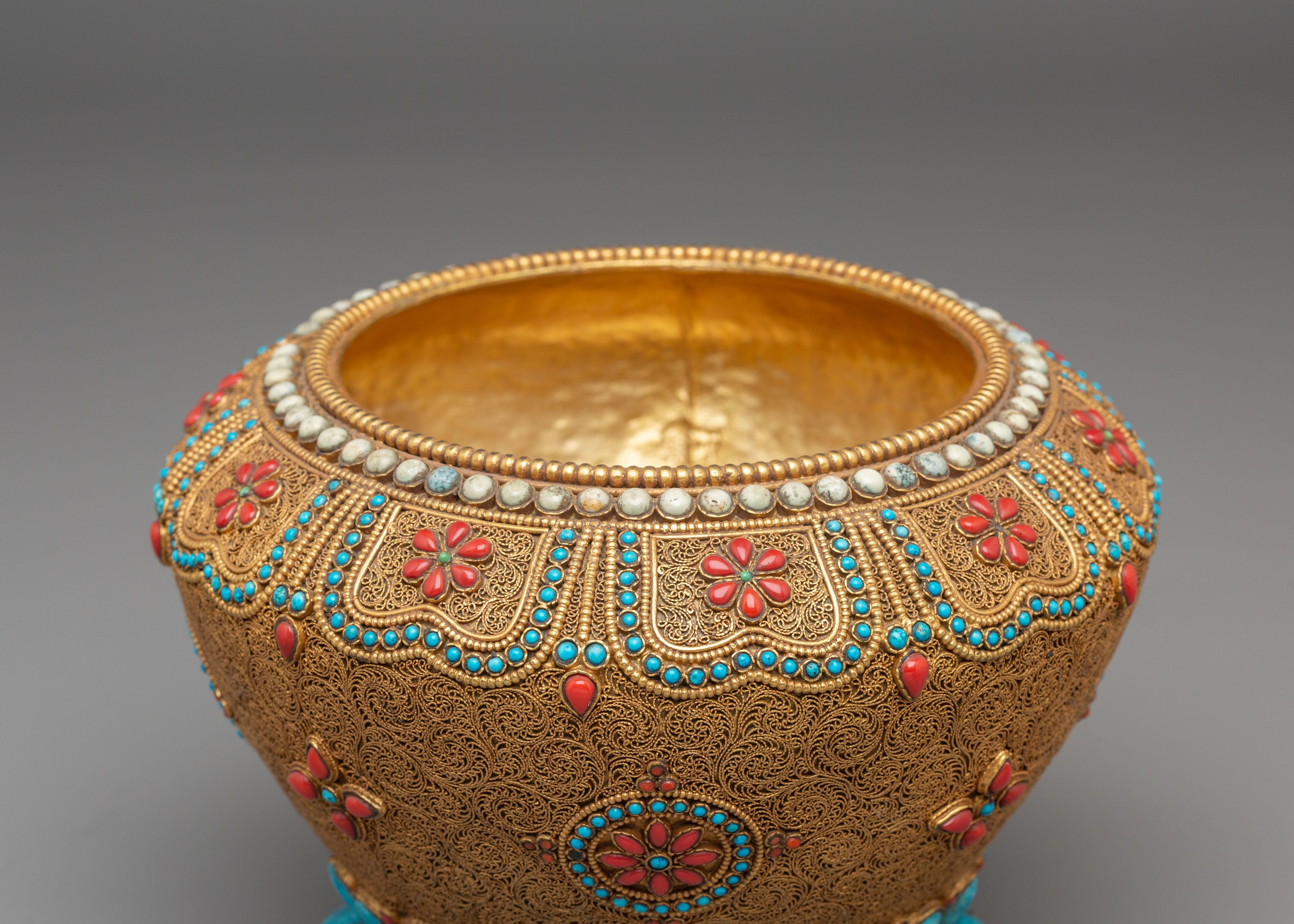 Tibetan Offering Rice Pot | Gold-Plated Copper Pot with Coral & Turquoise