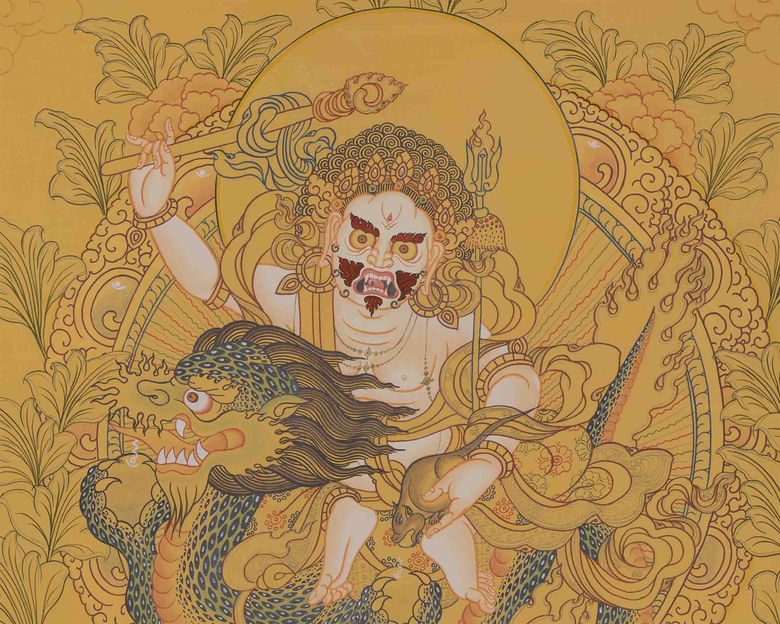 White Dzambala Thangka Painting | Buddhist Kubera Thangka