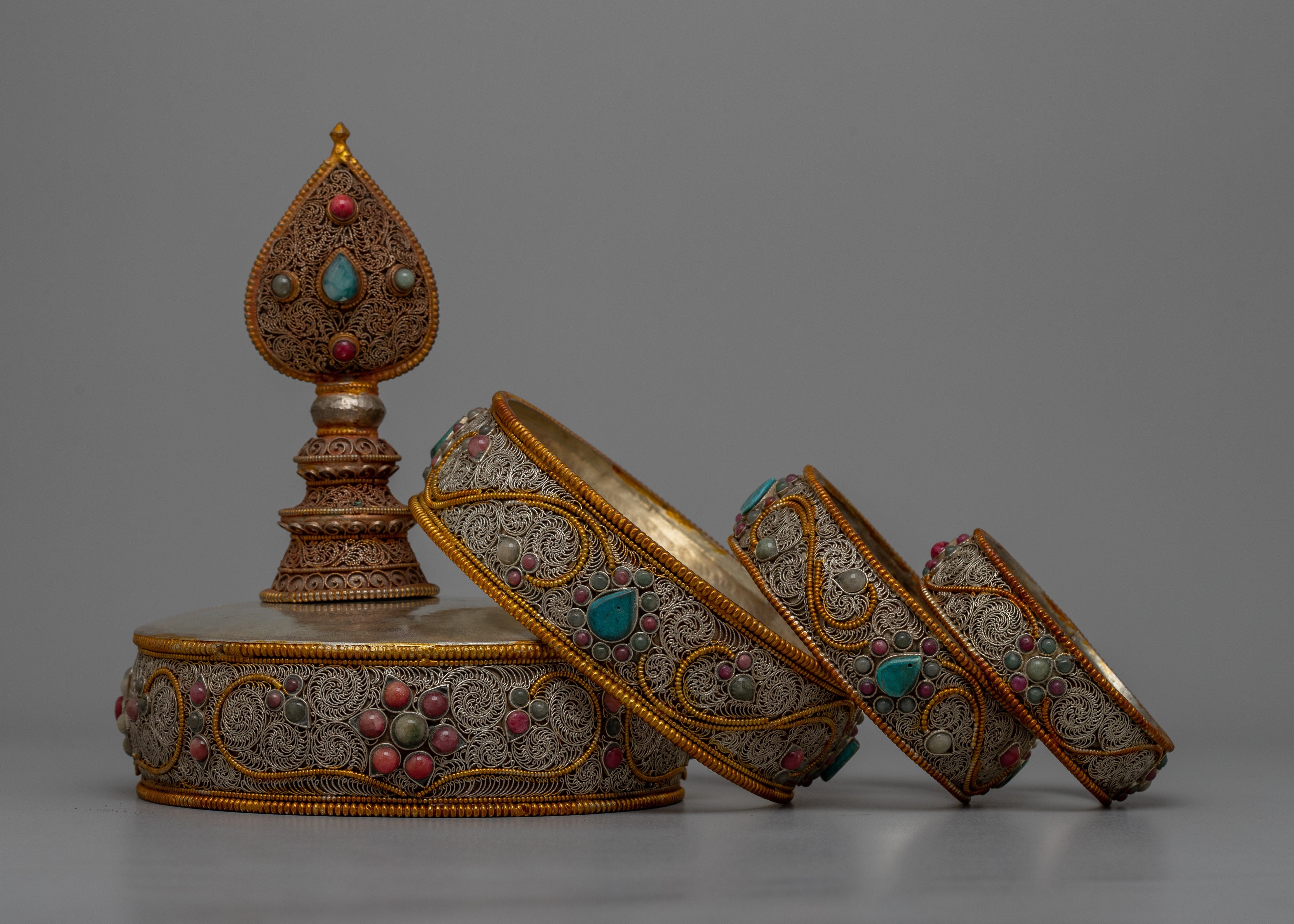 Copper Filigree Mandala Set | Intricately Crafted with Gemstone Inlay for Spiritual Elegance