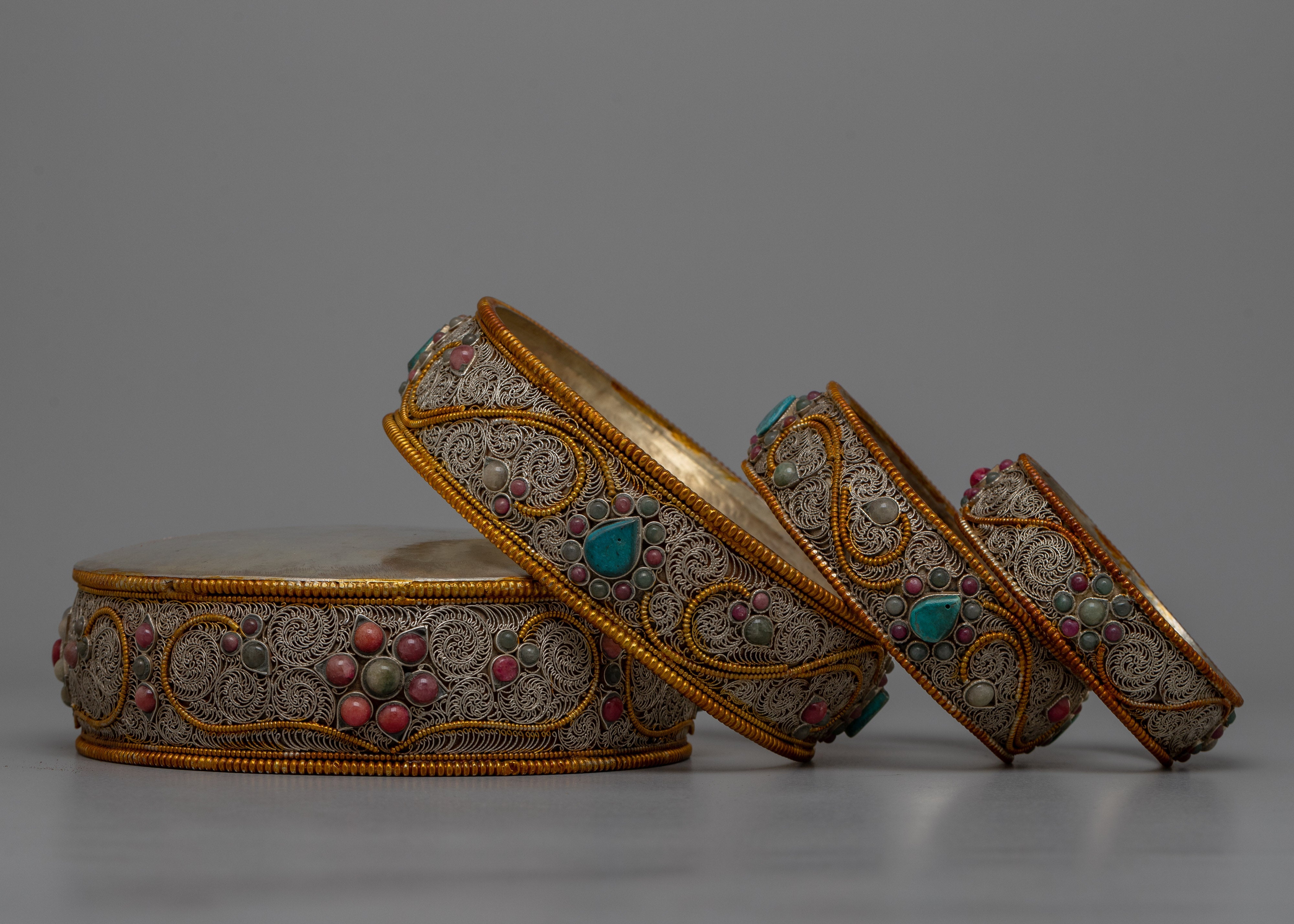 Copper Filigree Mandala Set | Intricately Crafted with Gemstone Inlay for Spiritual Elegance