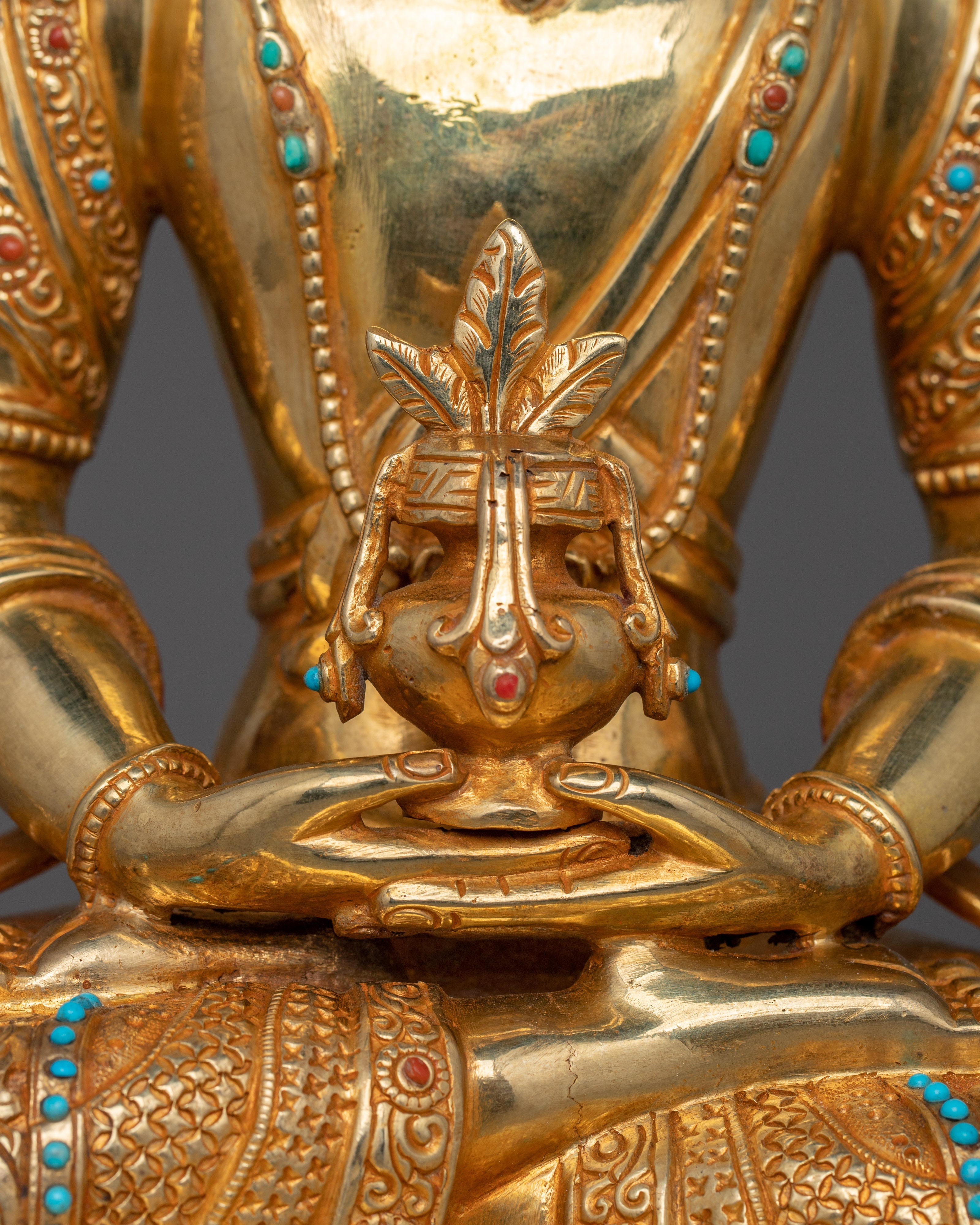 Meditation Deity Amitayus Figurine | Gold Gilded Traditional Himalayan Art