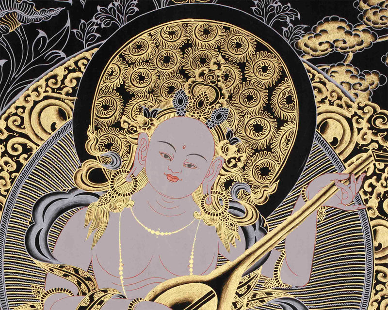 Original Hand-Painted Saraswati Thangka Painting | Goddess of Knowledge