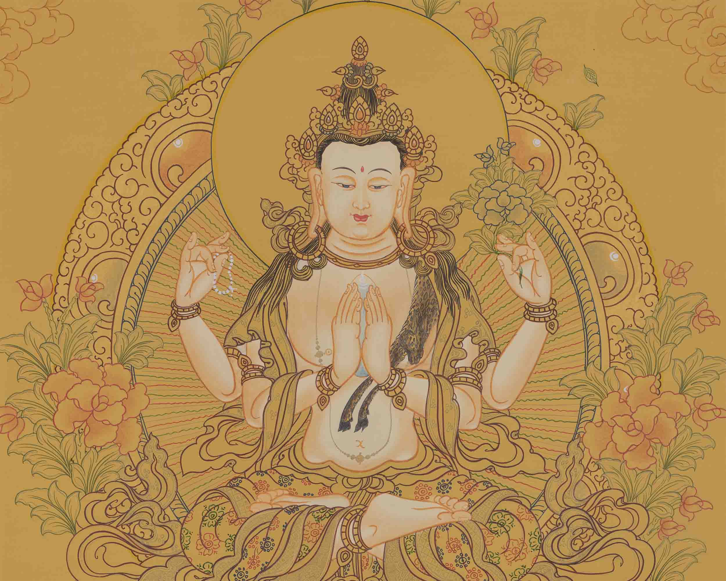 Avalokiteshvara Chengrezig Thangka | Four Armed Chenrezig Painting