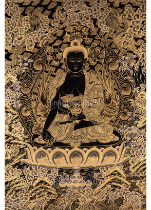 Black and Gold Style Medicine Buddha | Original Hand-Painted Tibetan Thanka | Healing Buddha |