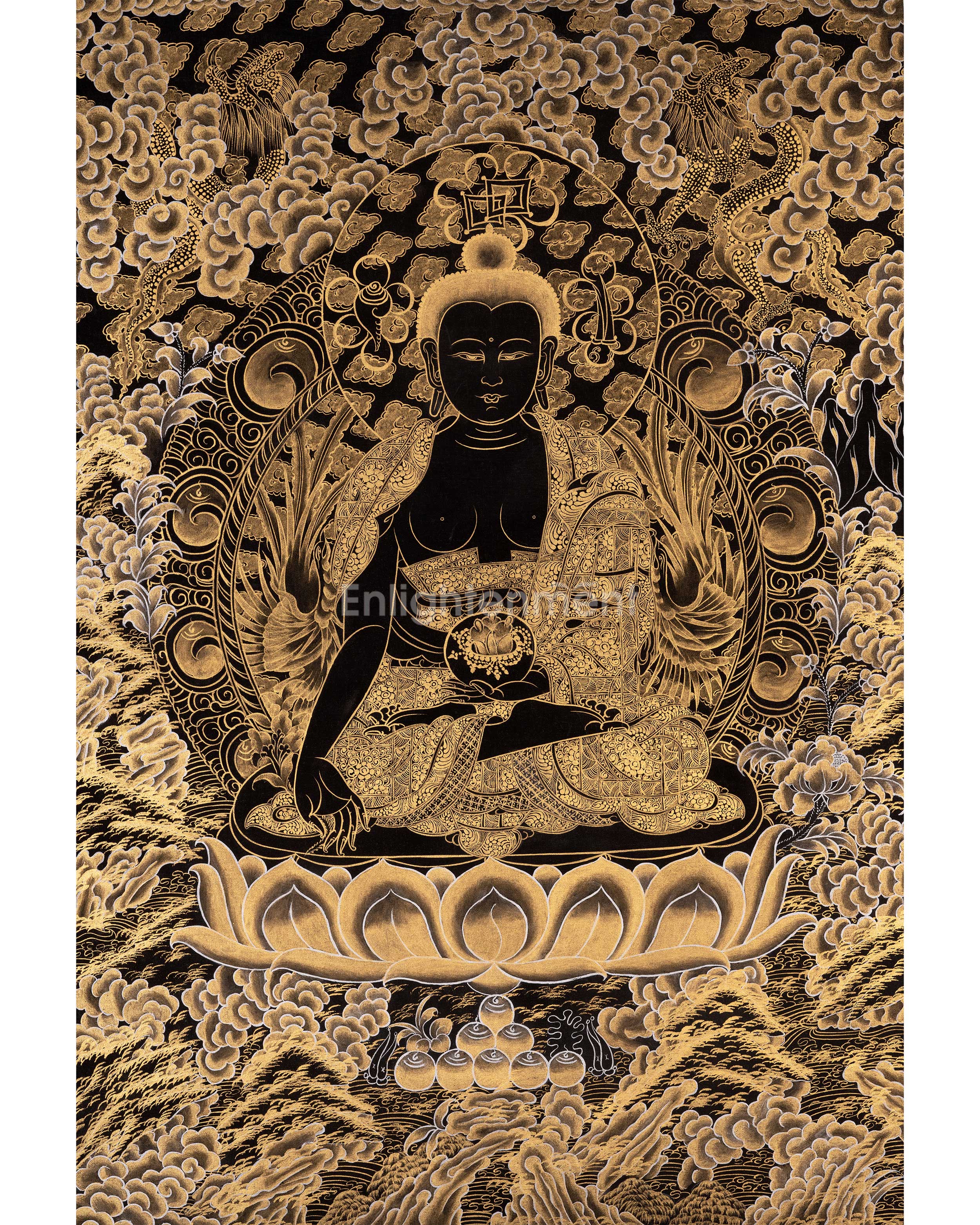 Black and Gold Style Medicine Buddha | Original Hand-Painted Tibetan Thanka | Healing Buddha |