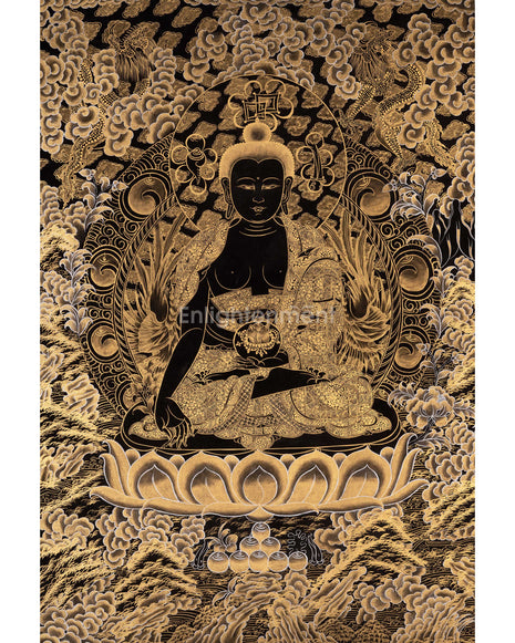 Black and Gold Style Medicine Buddha | Original Hand-Painted Tibetan Thanka | Healing Buddha |