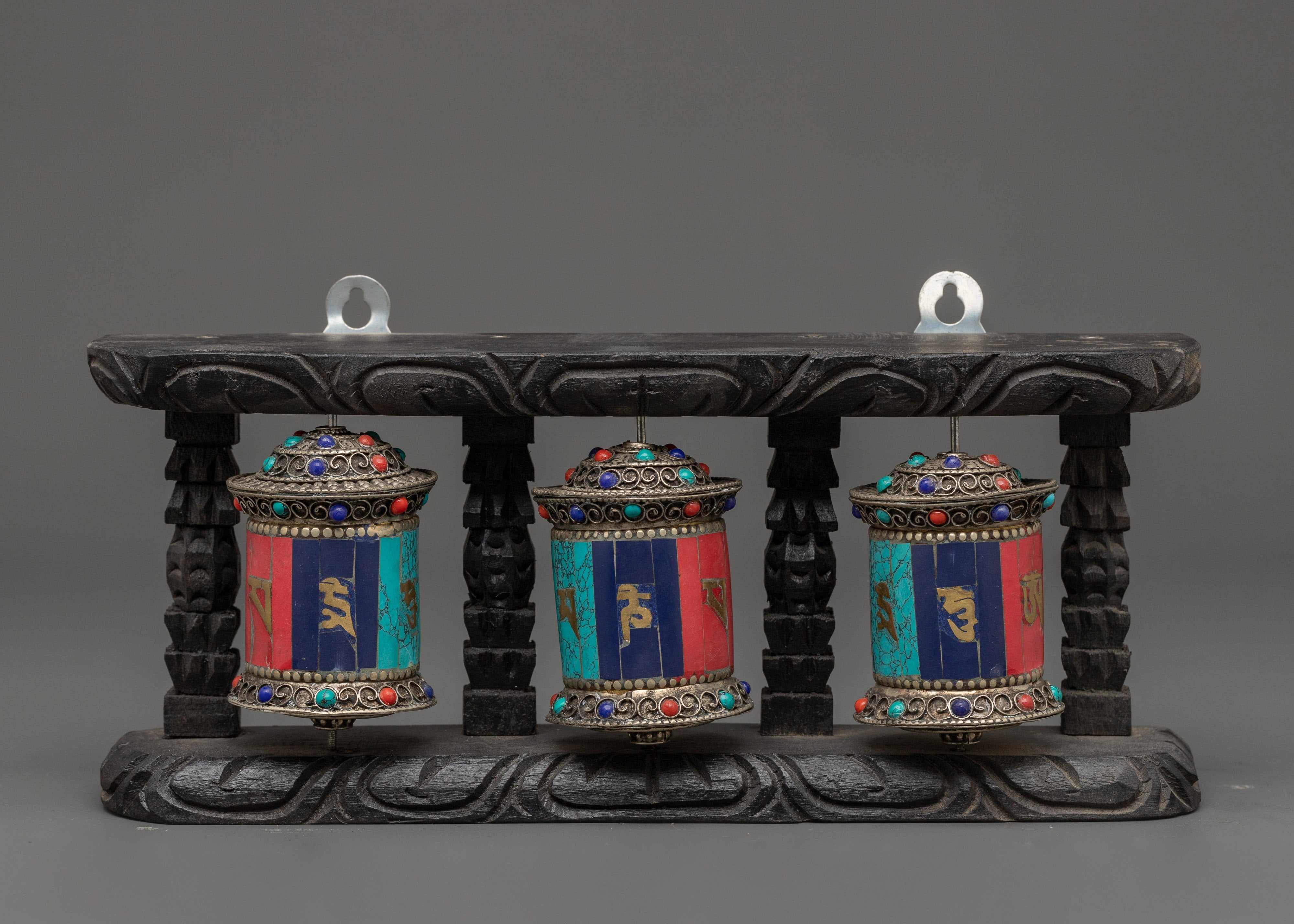 Tibetan Triple Prayer Wheel Set | Spiritual Buddhist Decor