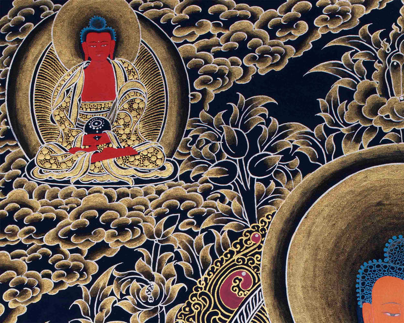 Shakyamuni Buddha With Amitabha and Medicine Buddha | Traditional Thangka Painting