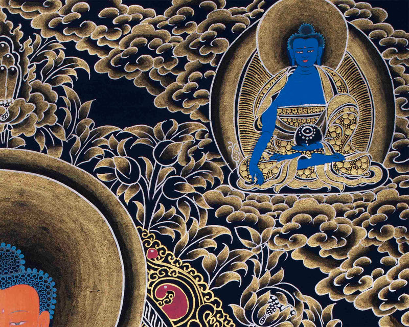 Shakyamuni Buddha With Amitabha and Medicine Buddha | Traditional Thangka Painting