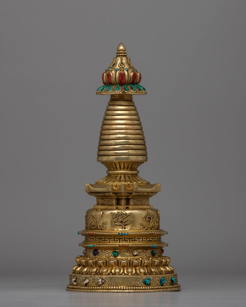 24K Gold-Gilded Buddhist Stupa | Spiritual Décor with Semi-Precious Stones