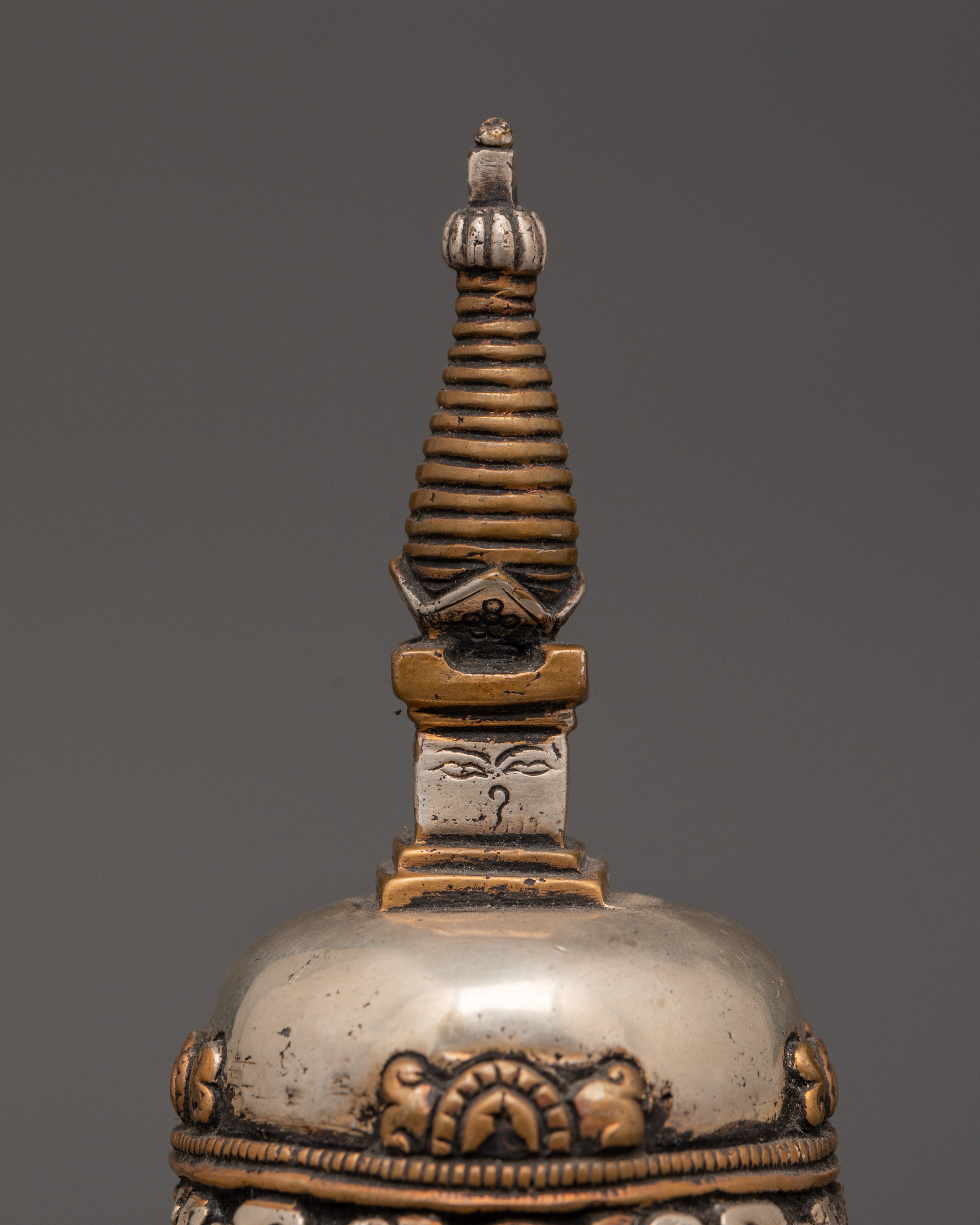 Oxidized Copper Stupa with Silver Plating 4 Buddha Engraved | Spiritual Home Decor