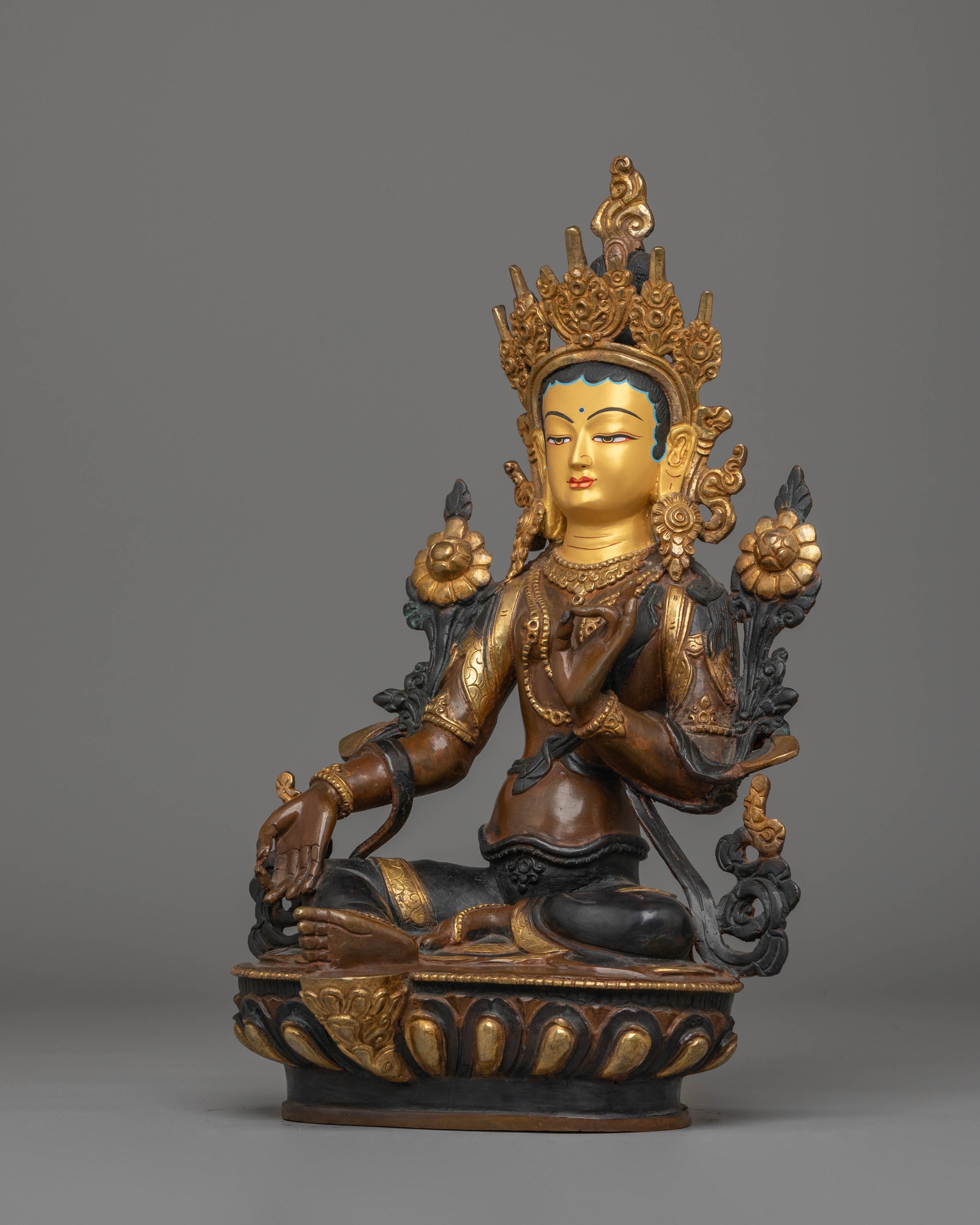 Green Tara Copper Handmade Statue | 24K Gold Plated Tibetan Goddess Art