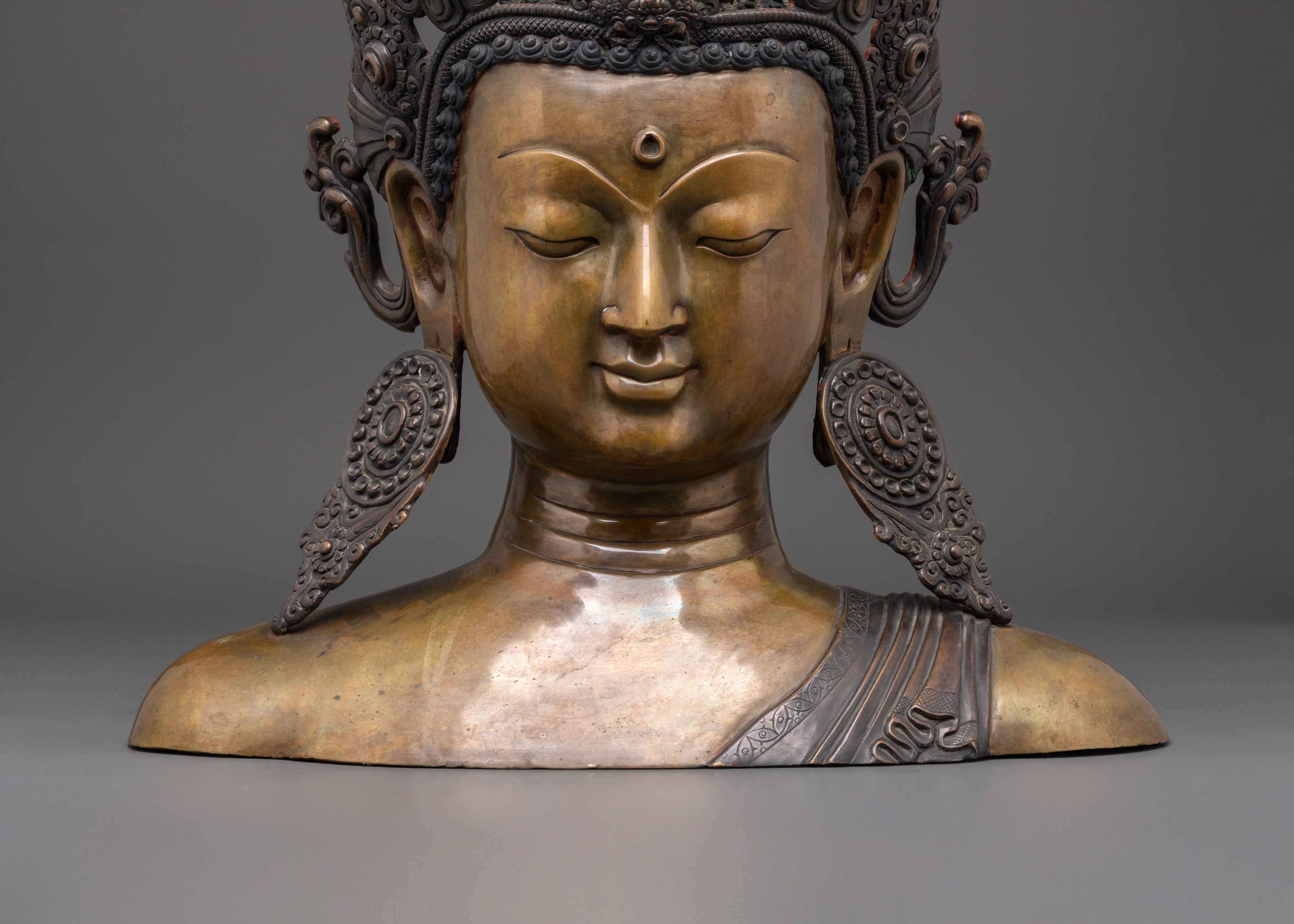 Tibetan Buddha Head Sculpture | Oxidized Copper Bust with Crown & Earrings